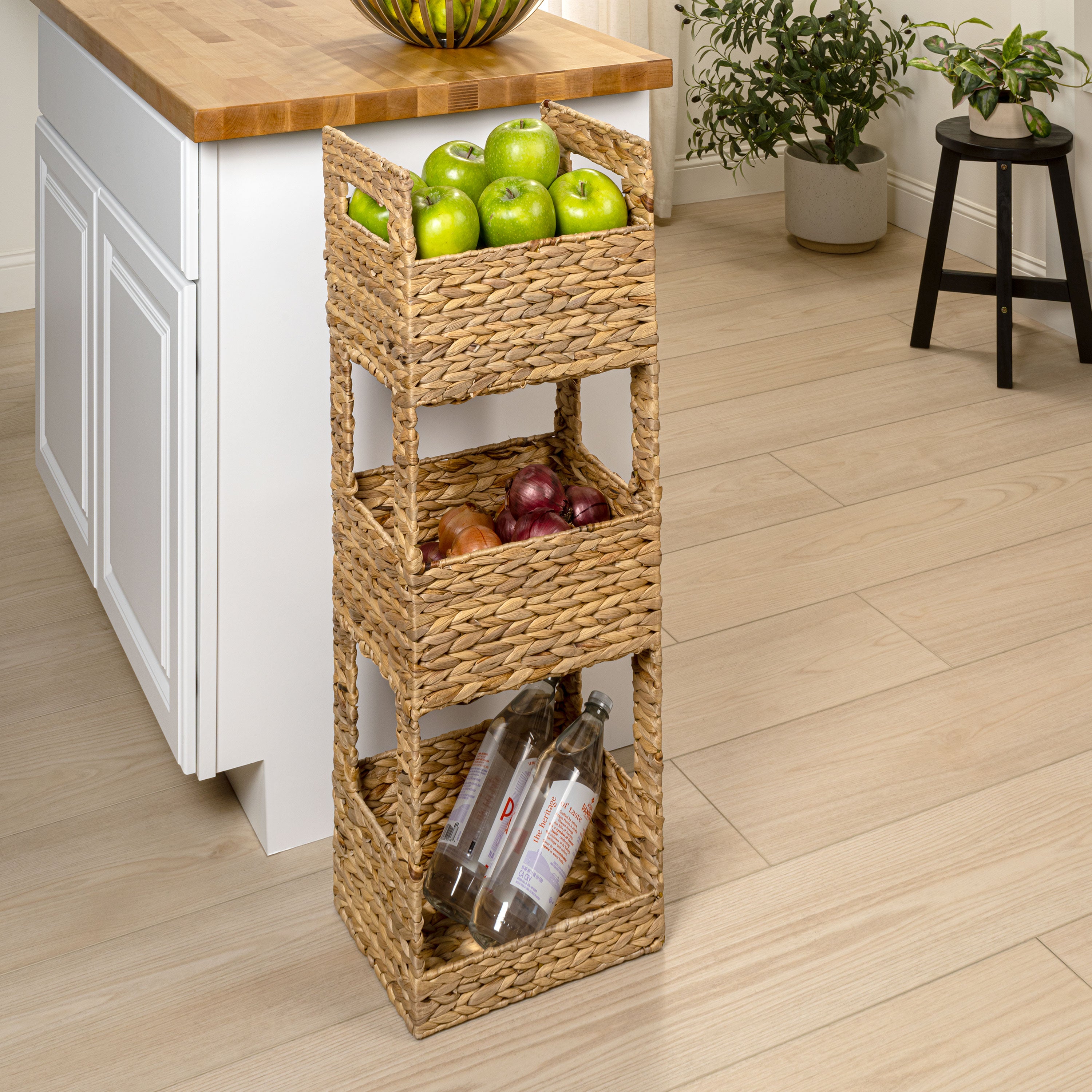 SavannahCoastal Handwoven Water Hyacinth 3-Tier Freestanding Storage Tower with Metal Frame and Handles