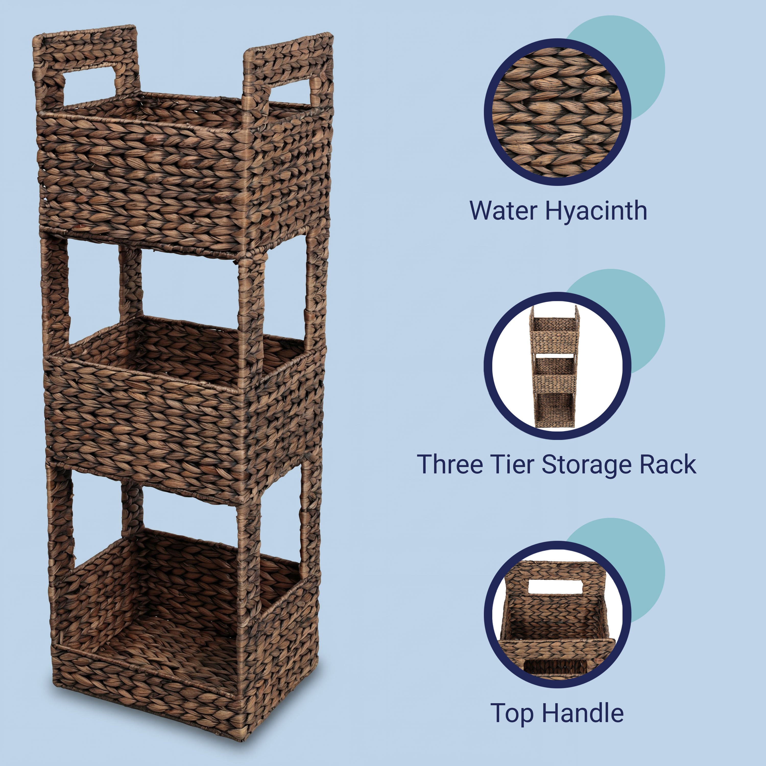 SavannahCoastal Handwoven Water Hyacinth 3-Tier Freestanding Storage Tower with Metal Frame and Handles