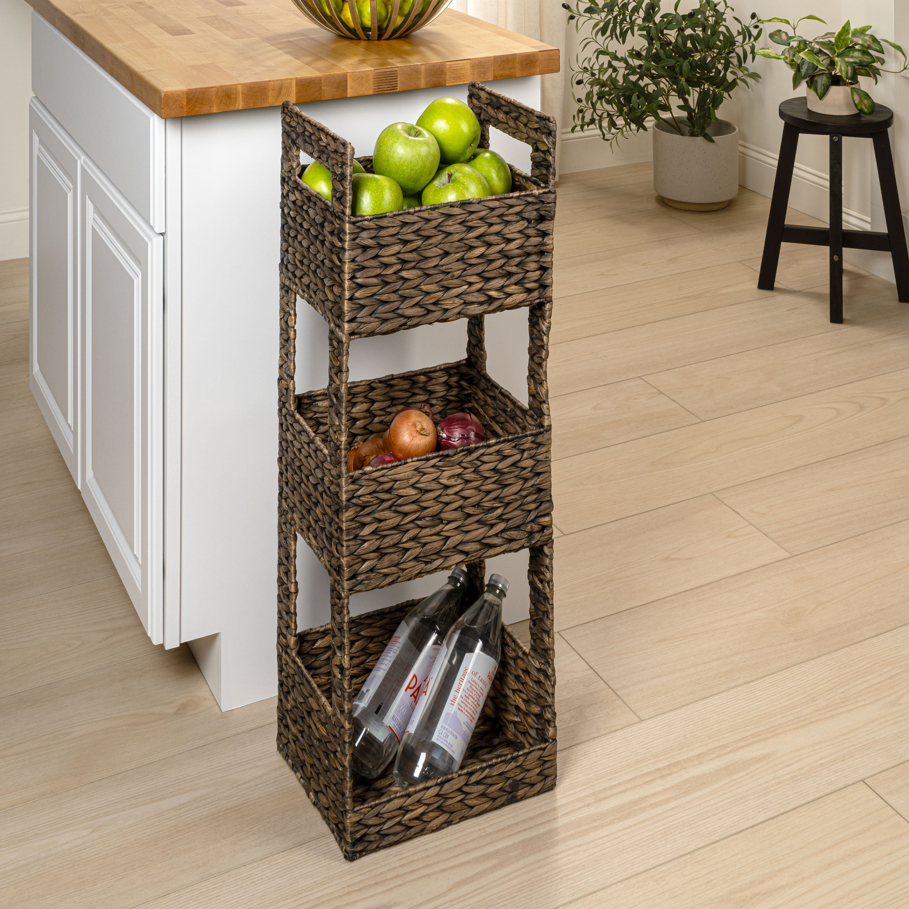 SavannahCoastal Handwoven Water Hyacinth 3-Tier Freestanding Storage Tower with Metal Frame and Handles