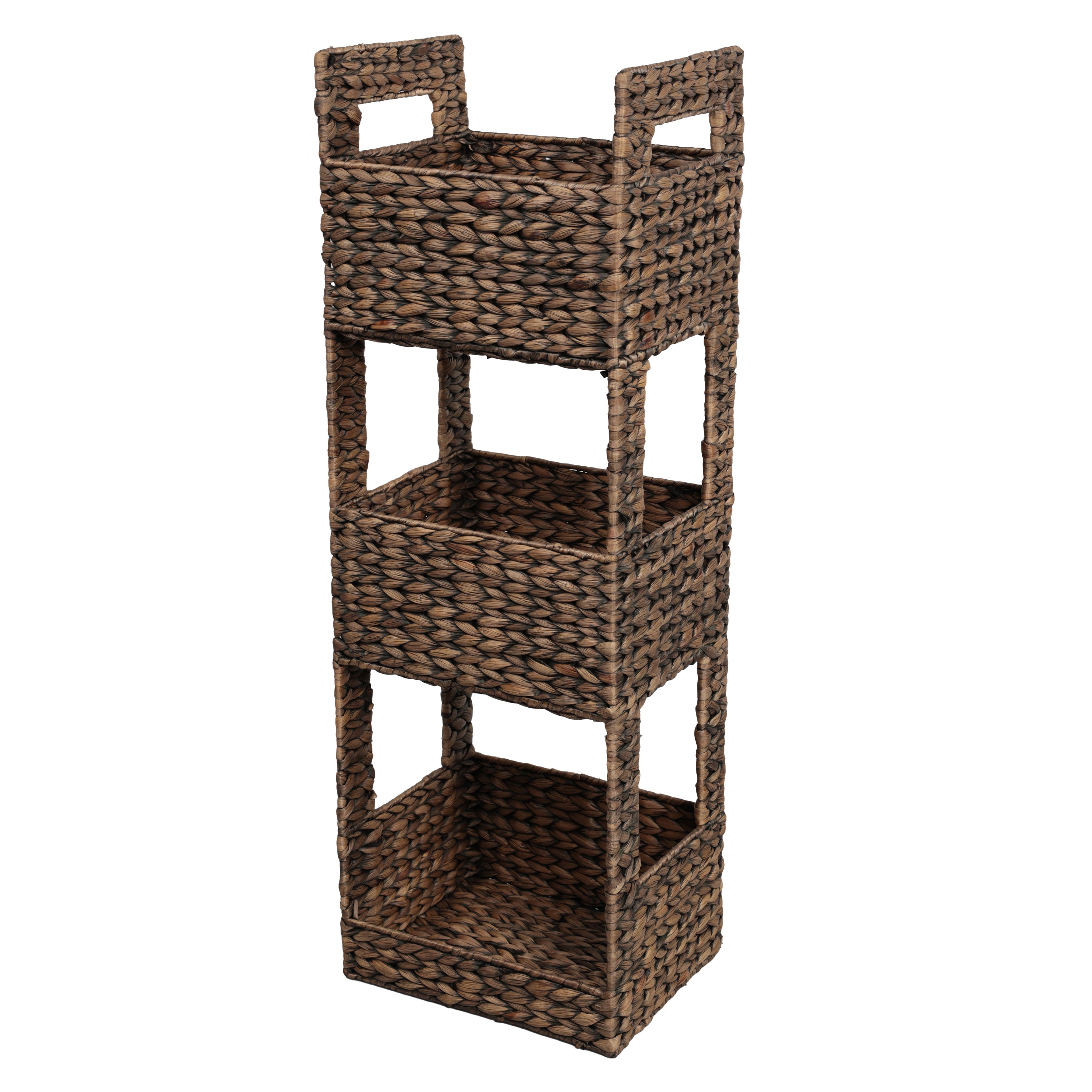 SavannahCoastal Handwoven Water Hyacinth 3-Tier Freestanding Storage Tower with Metal Frame and Handles