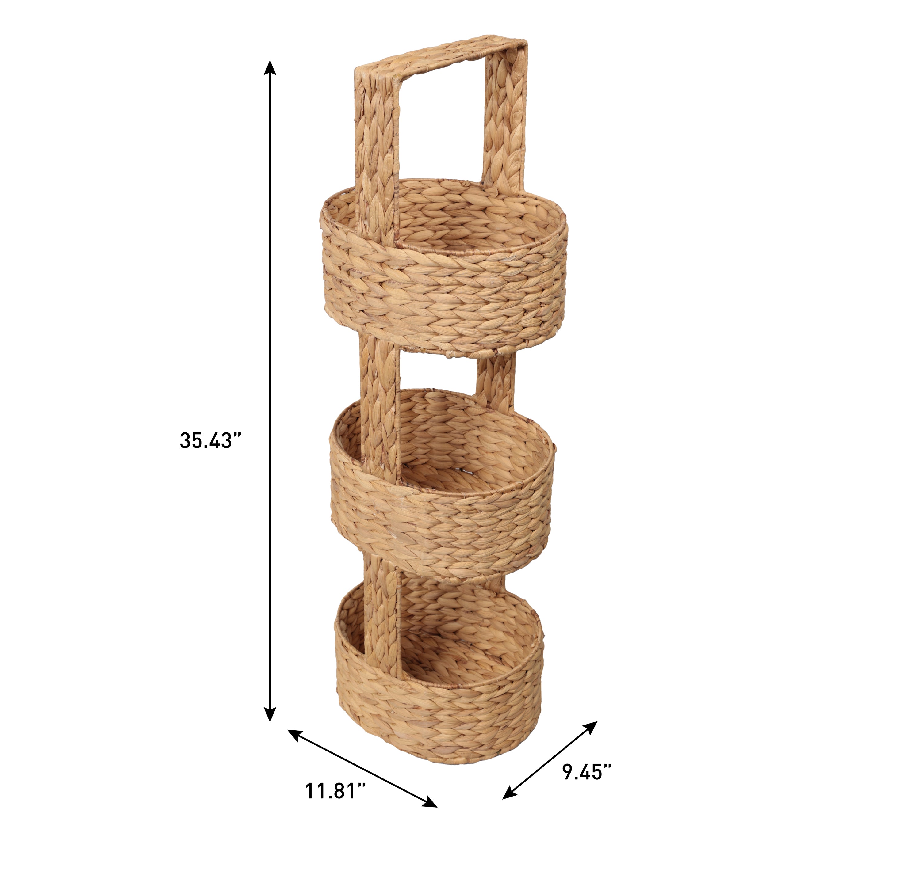 Riverbend Coastal Handwoven Water Hyacinth 3-Tier Round Basket Freestanding Storage Tower Stand with Top Handle