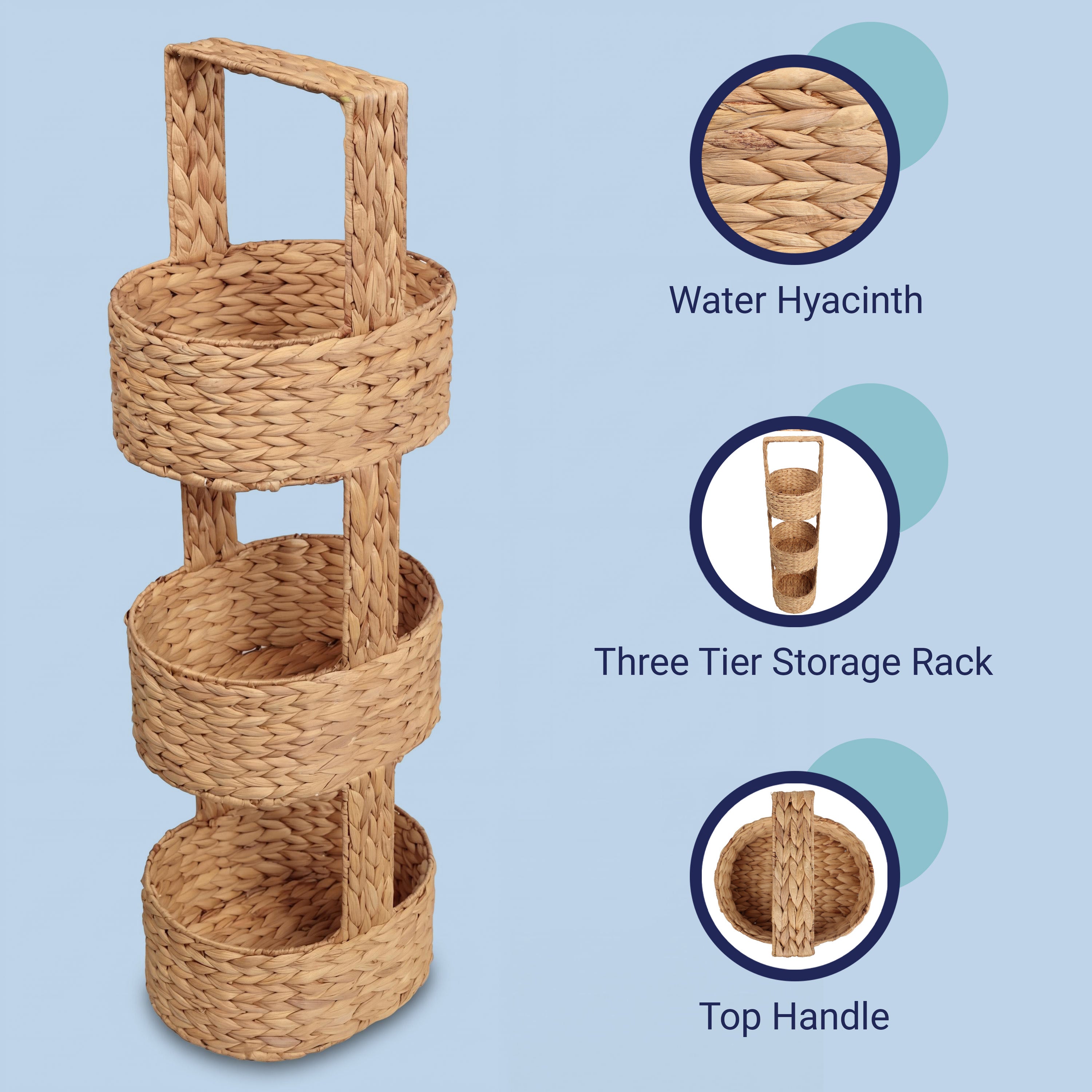 Riverbend Coastal Handwoven Water Hyacinth 3-Tier Round Basket Freestanding Storage Tower Stand with Top Handle