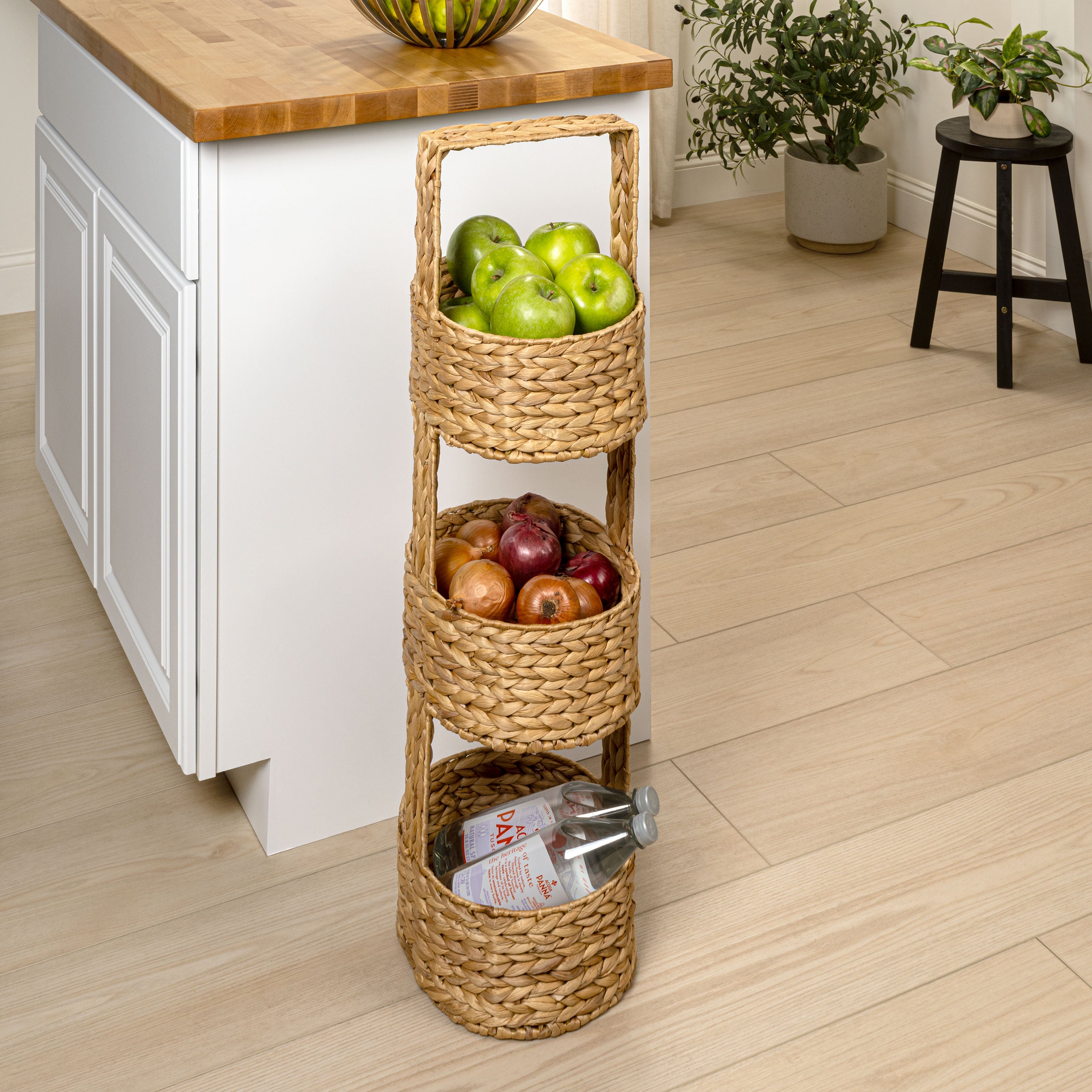 Riverbend Coastal Handwoven Water Hyacinth 3-Tier Round Basket Freestanding Storage Tower Stand with Top Handle