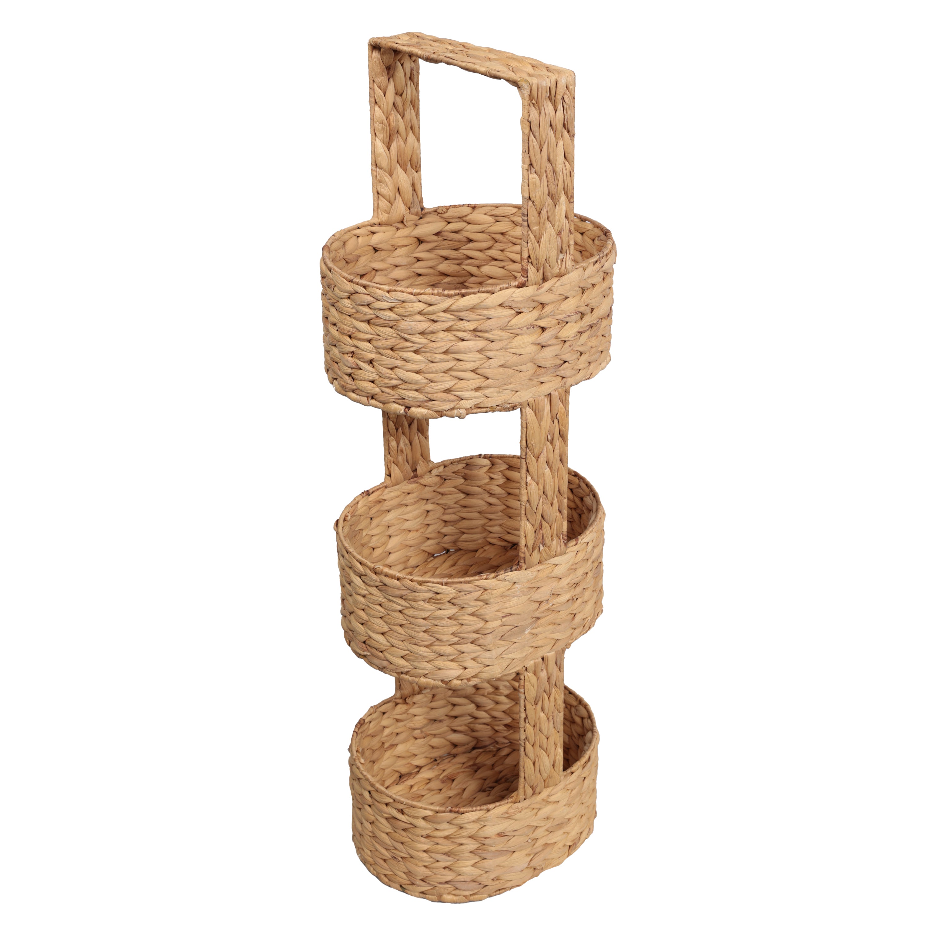 Riverbend Coastal Handwoven Water Hyacinth 3-Tier Round Basket Freestanding Storage Tower Stand with Top Handle