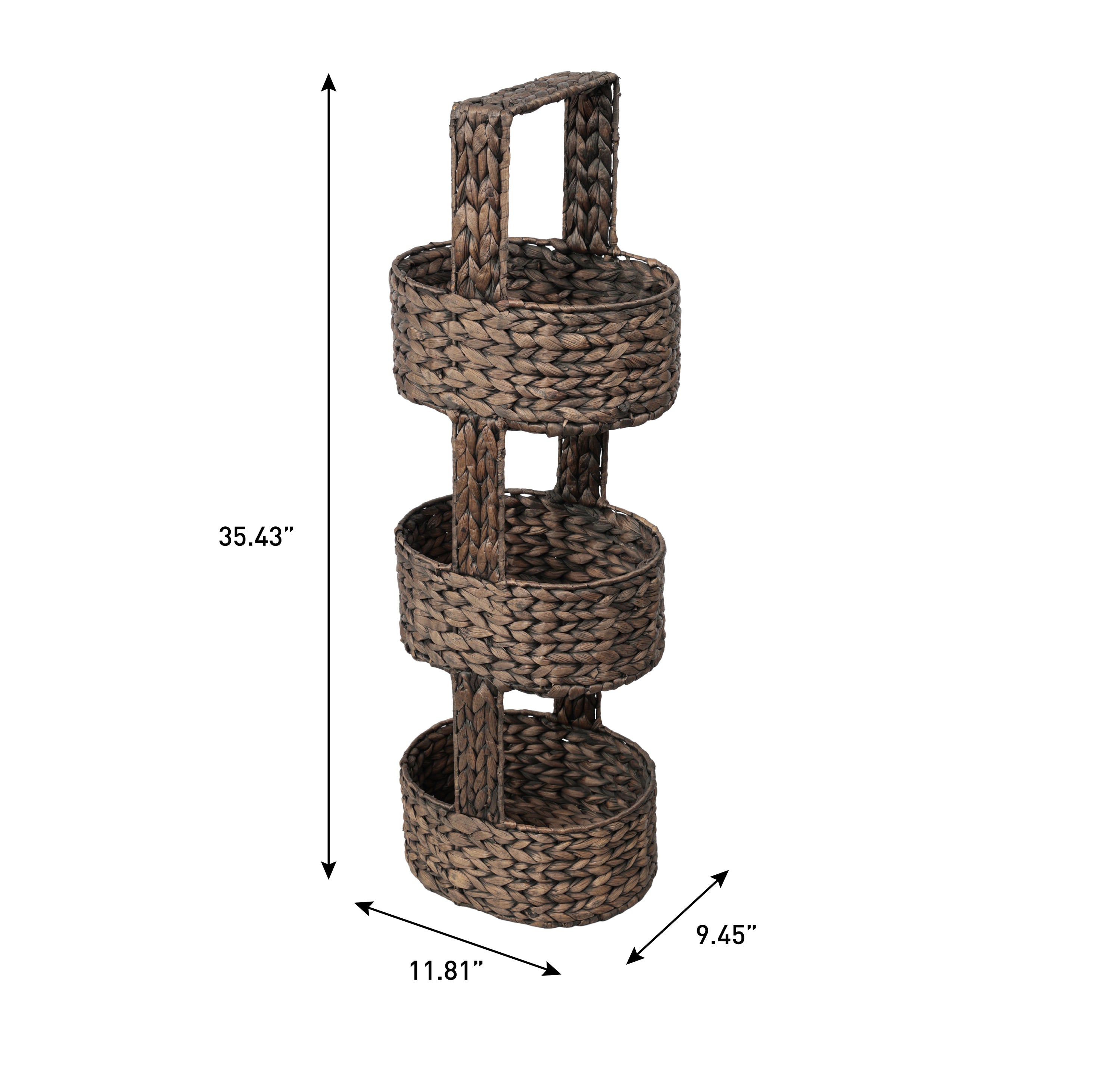 Riverbend Coastal Handwoven Water Hyacinth 3-Tier Round Basket Freestanding Storage Tower Stand with Top Handle