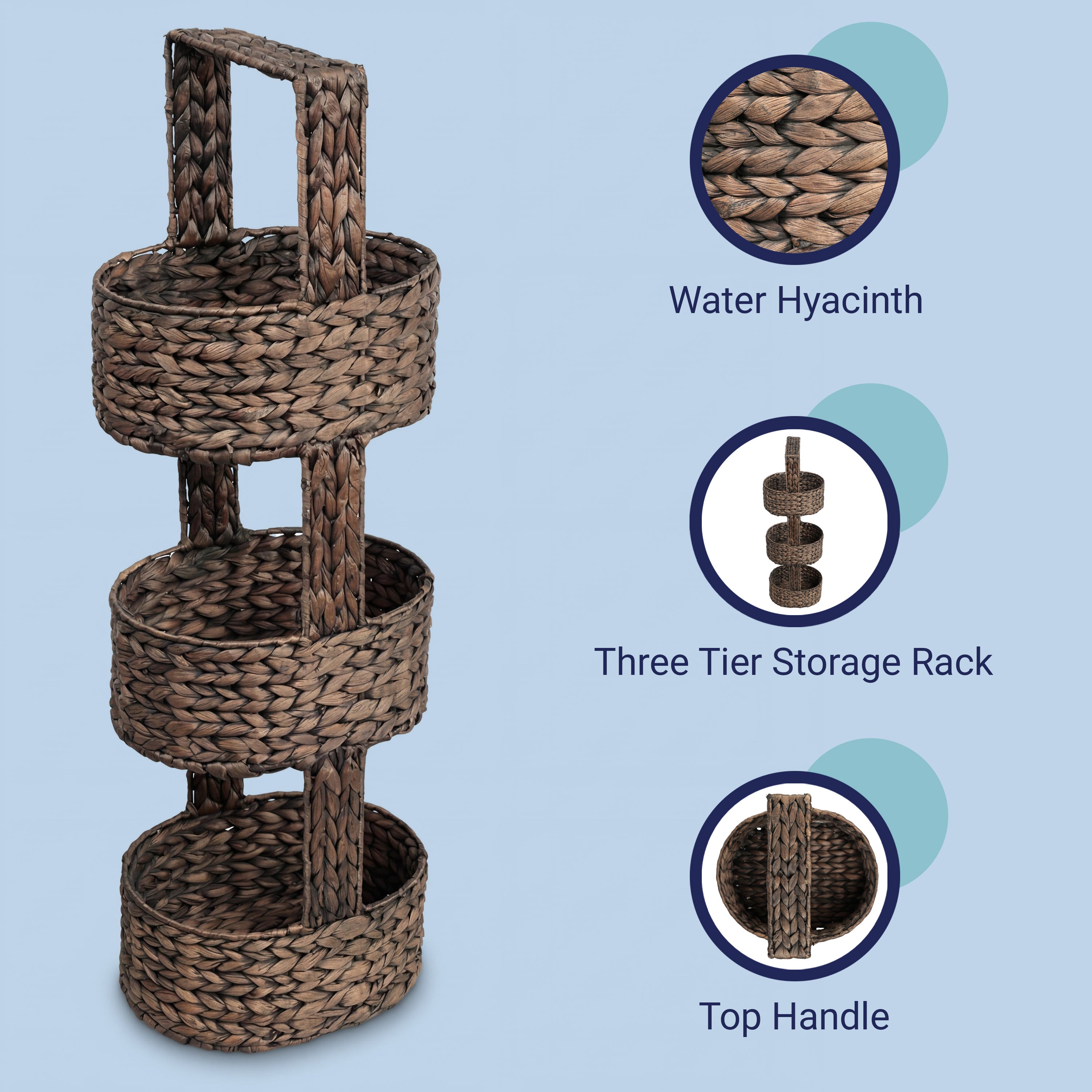 Riverbend Coastal Handwoven Water Hyacinth 3-Tier Round Basket Freestanding Storage Tower Stand with Top Handle