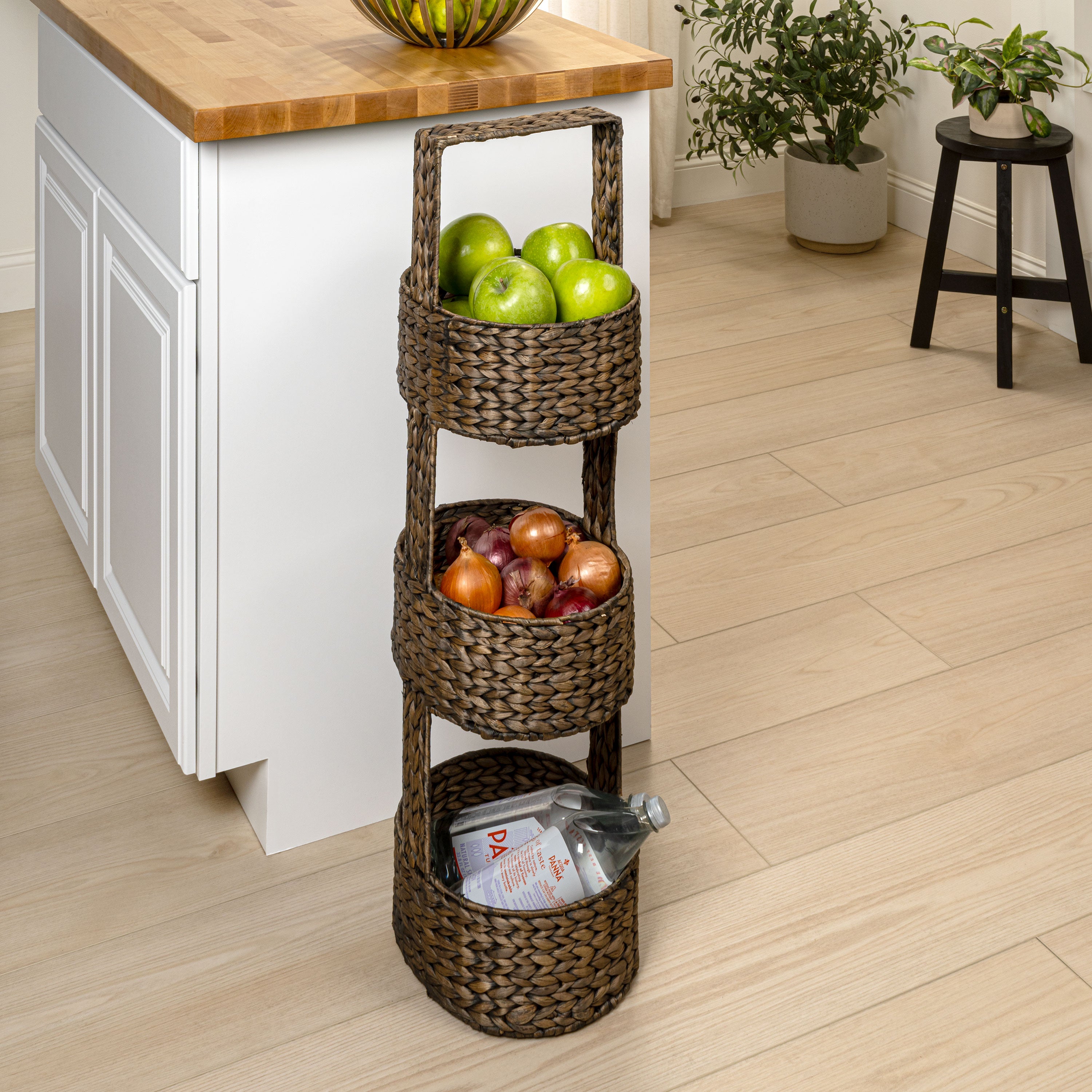 Riverbend Coastal Handwoven Water Hyacinth 3-Tier Round Basket Freestanding Storage Tower Stand with Top Handle