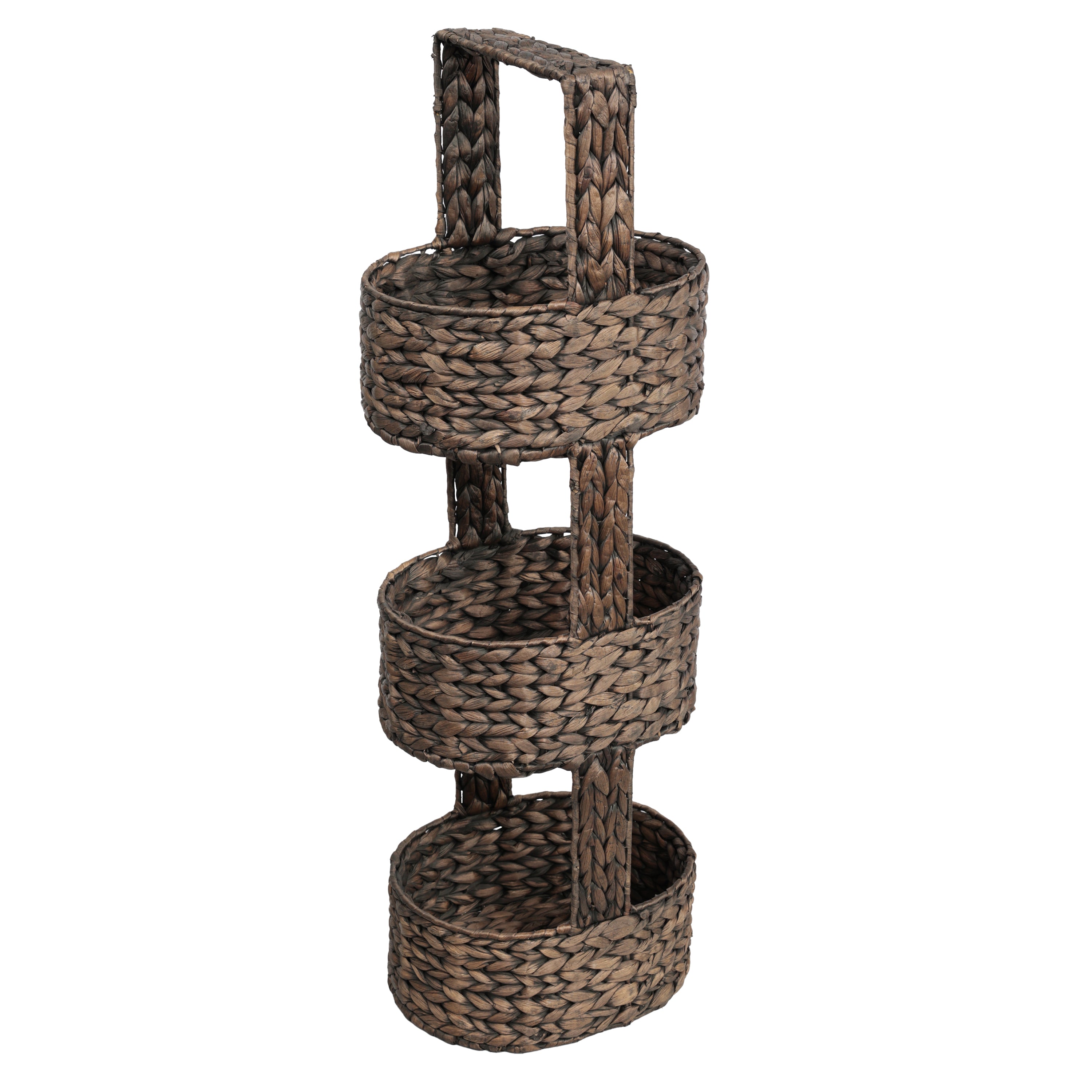 Riverbend Coastal Handwoven Water Hyacinth 3-Tier Round Basket Freestanding Storage Tower Stand with Top Handle