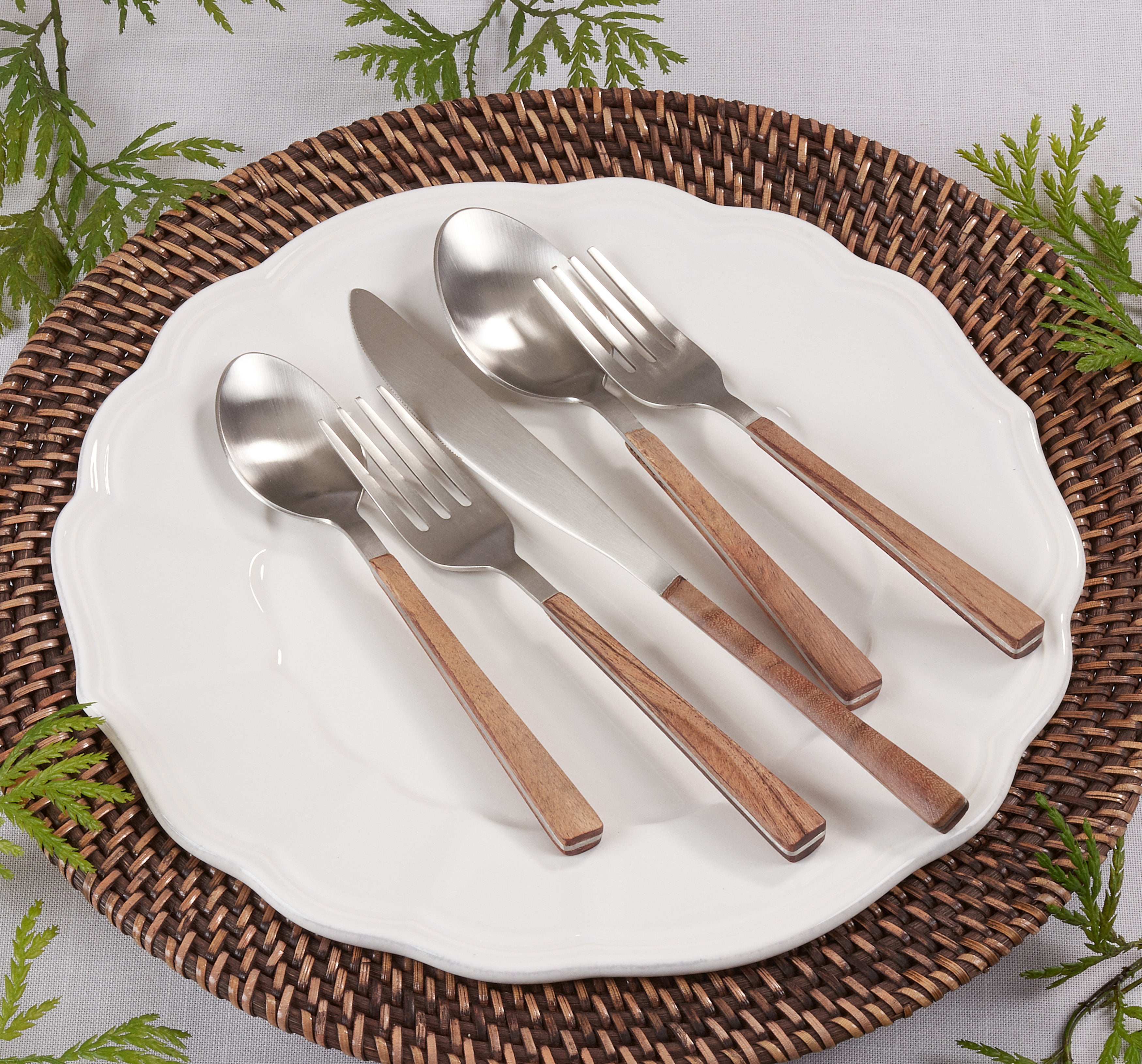 Wood Handle Stainless Steel Flatware, Set of 5
