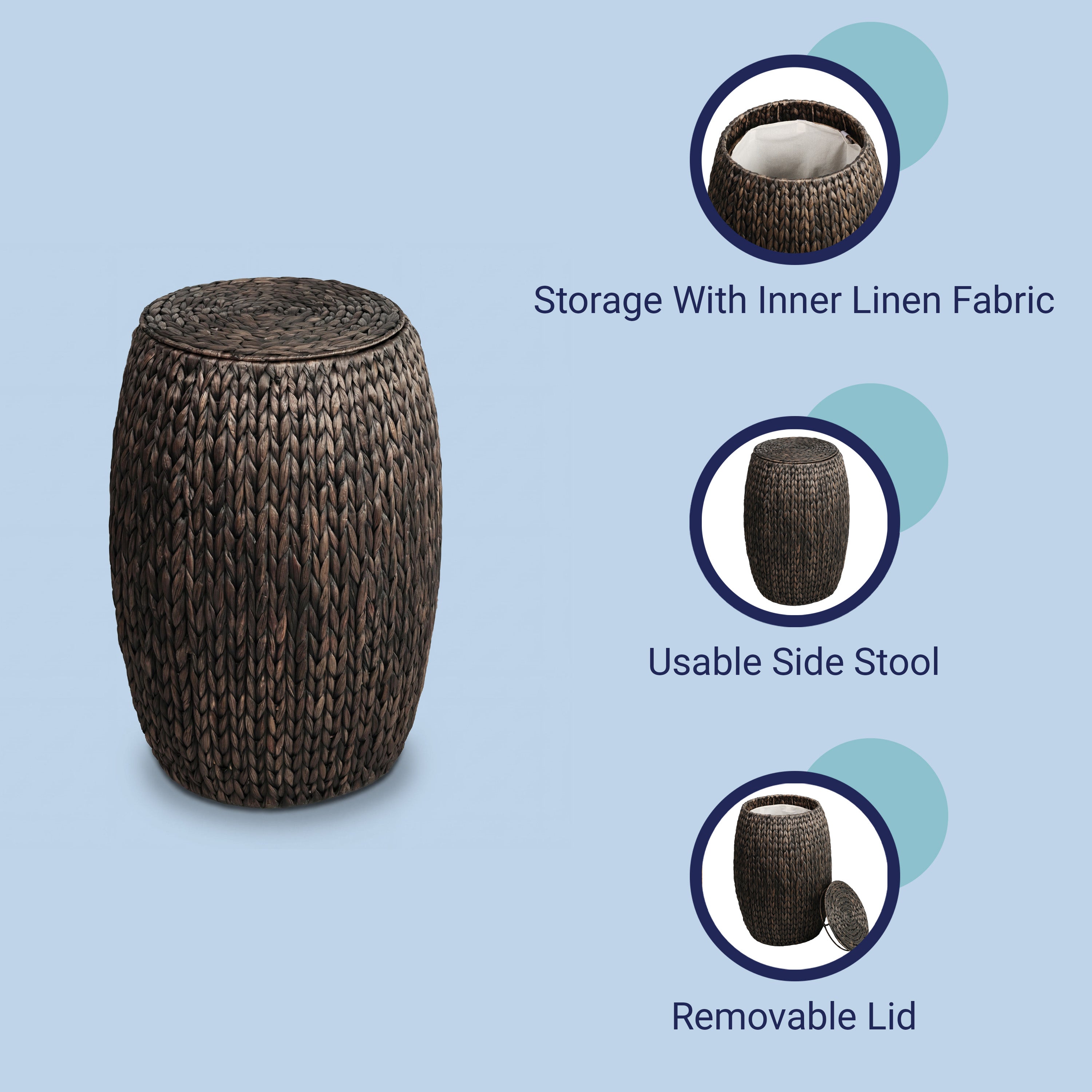 Colt Coastal Bohemian Handwoven Hyacinth Barrel Storage Stool with Lid