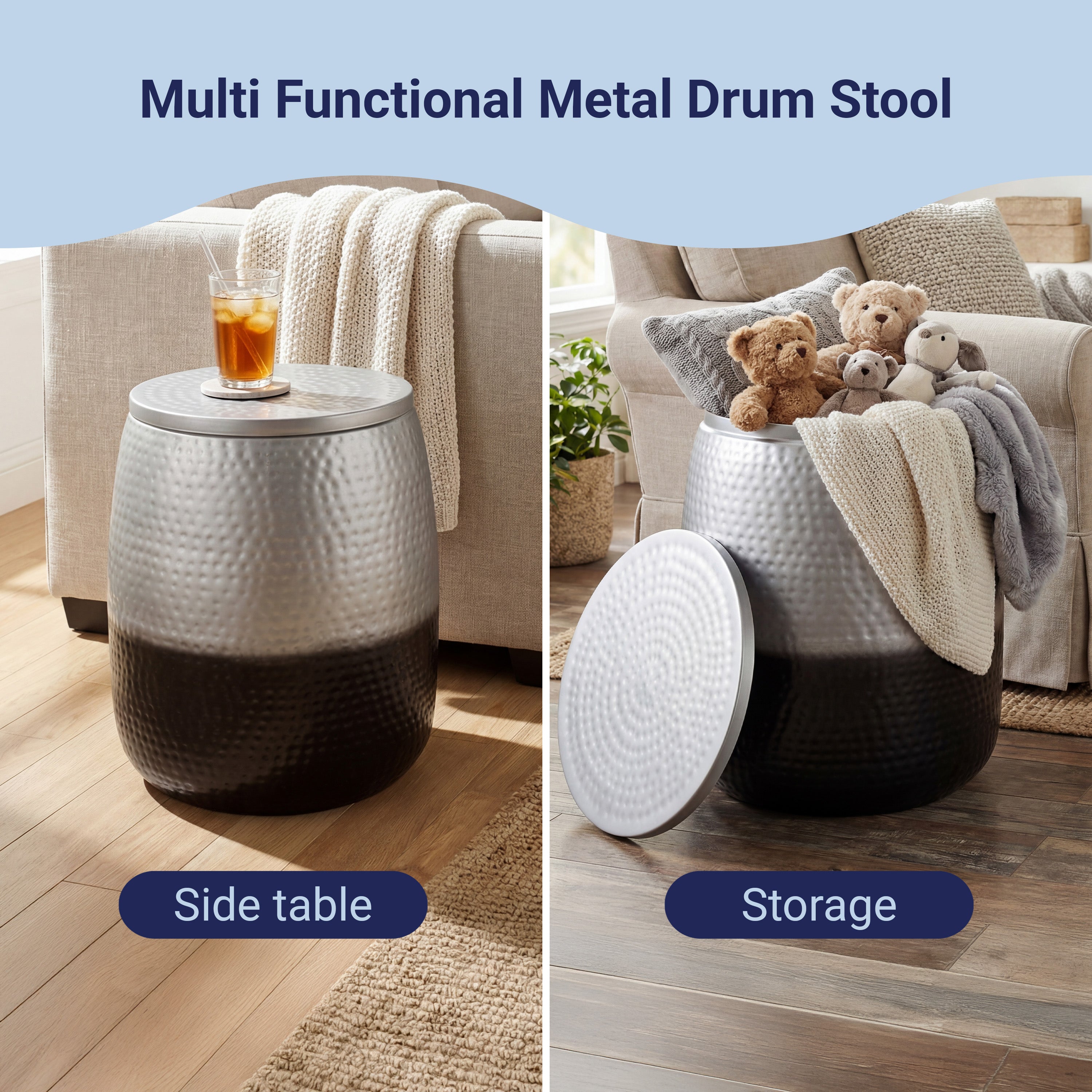 Merida Modern Rustic Hammered Metal Drum Storage Side Table with Lid
