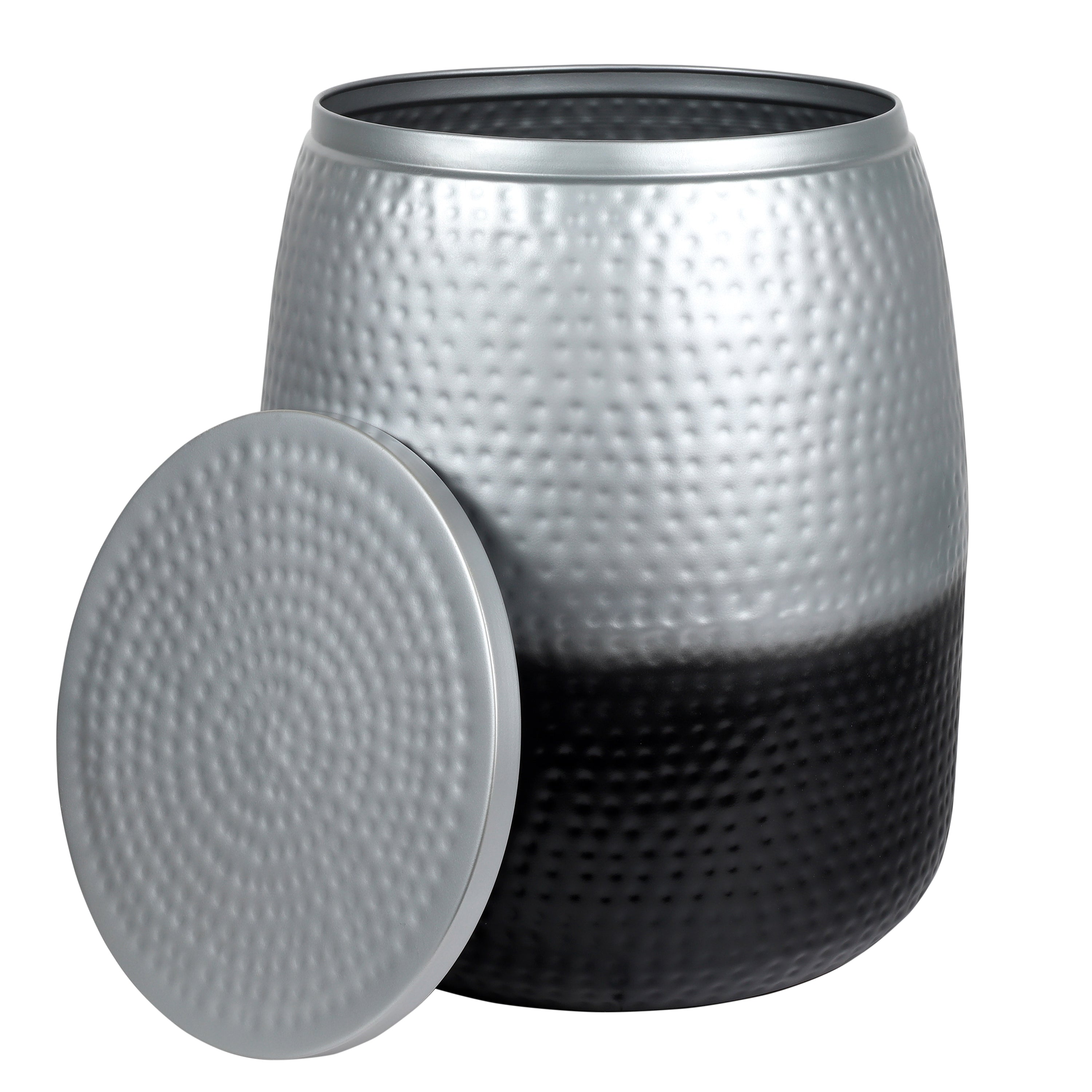 Merida Modern Rustic Hammered Metal Drum Storage Side Table with Lid