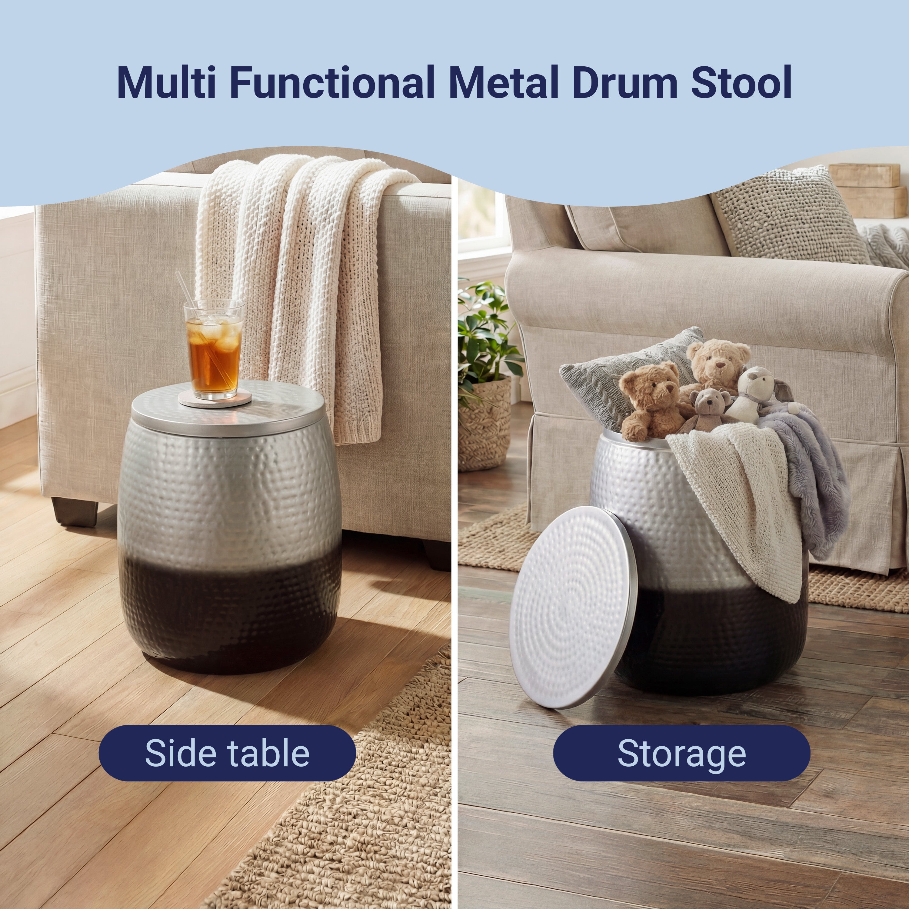 Merida Modern Rustic Hammered Metal Drum Storage Side Table with Lid