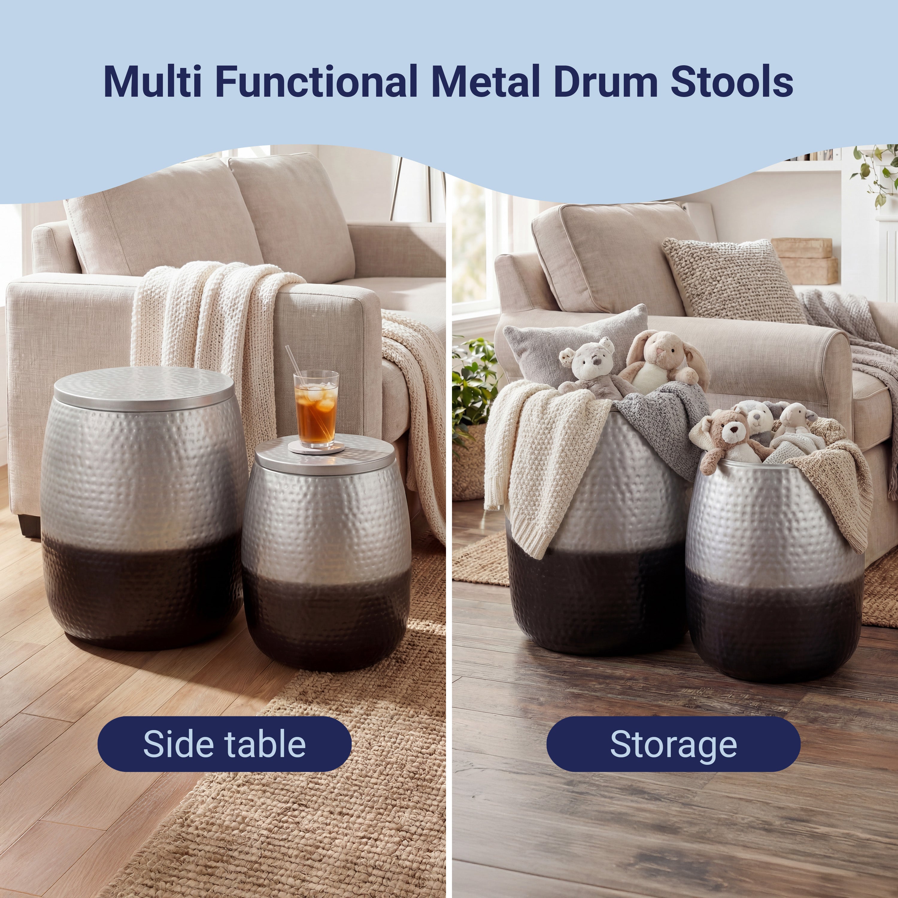 Merida Modern Rustic Hammered Metal Drum Storage Side Table with Lid