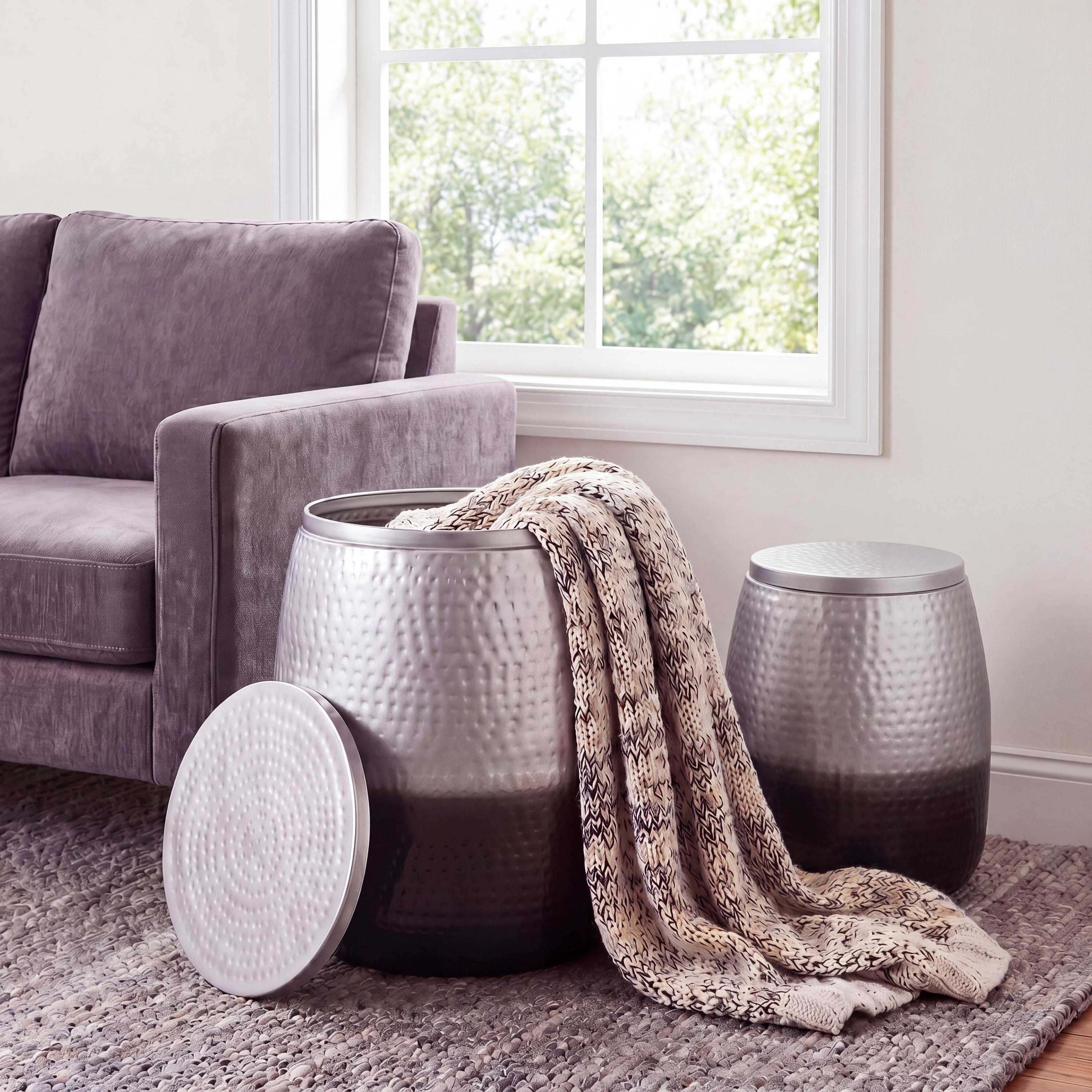 Merida Modern Rustic Hammered Metal Drum Storage Side Table with Lid