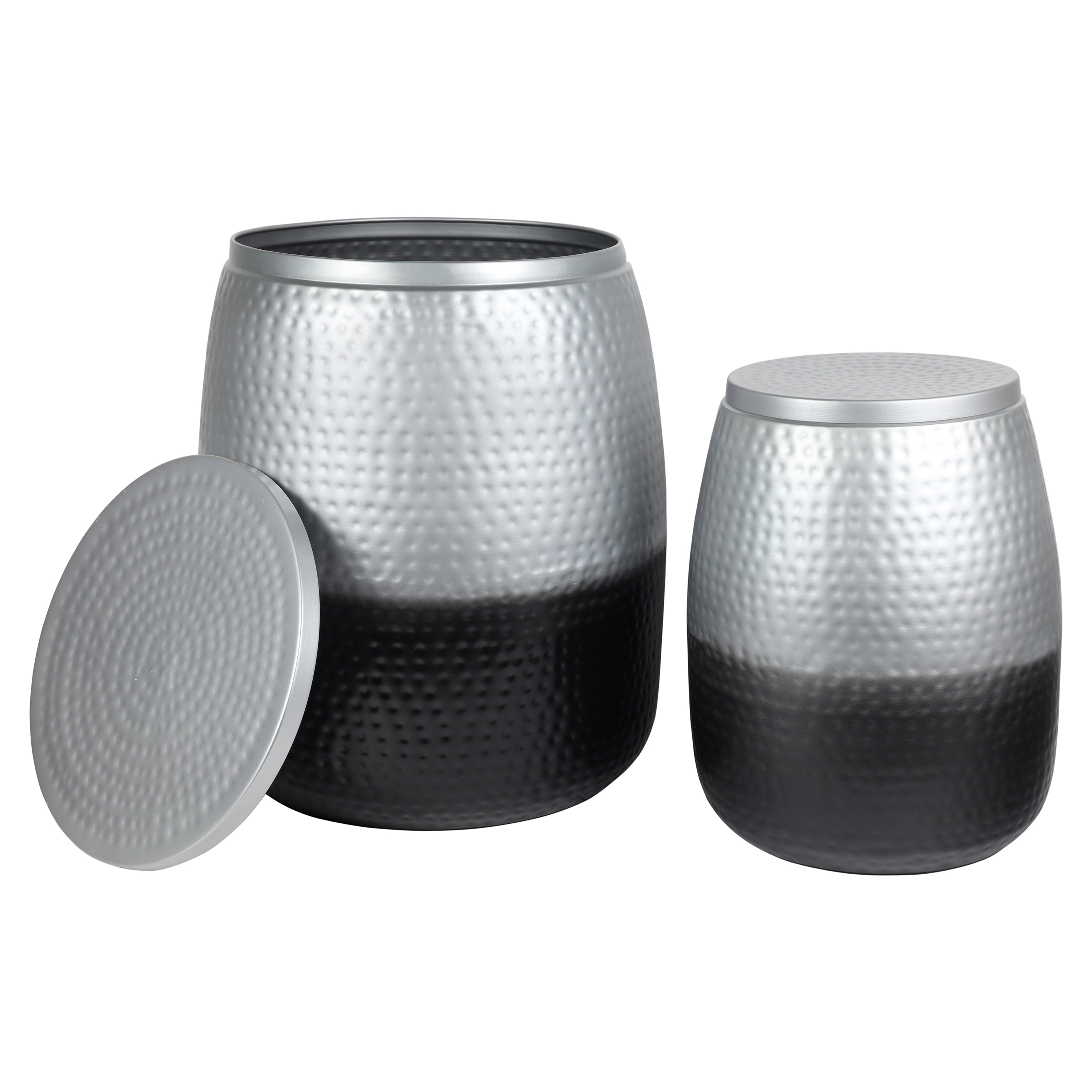 Merida Modern Rustic Hammered Metal Drum Storage Side Table with Lid