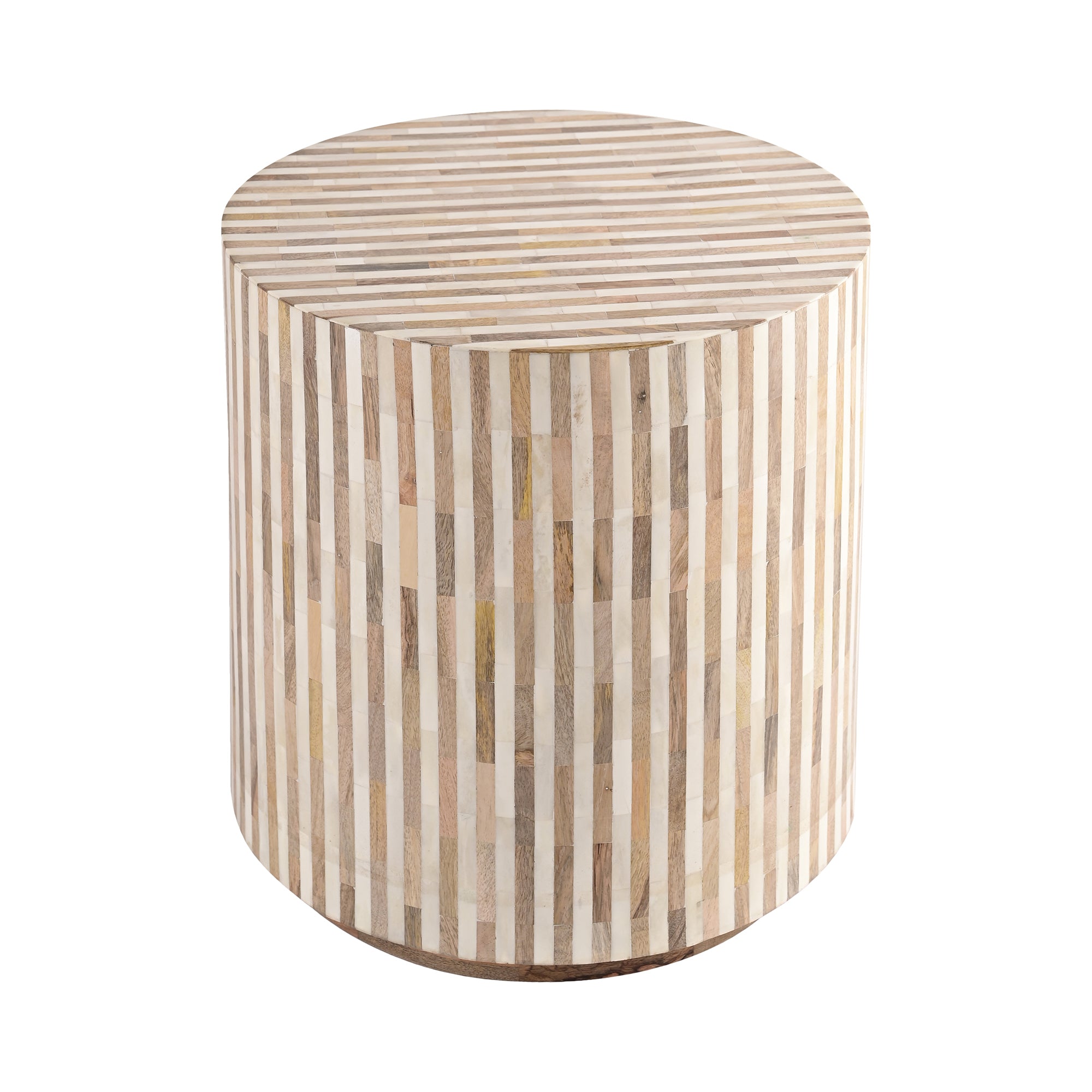 Round Natural Bone Inlay and Wood Striped End Table