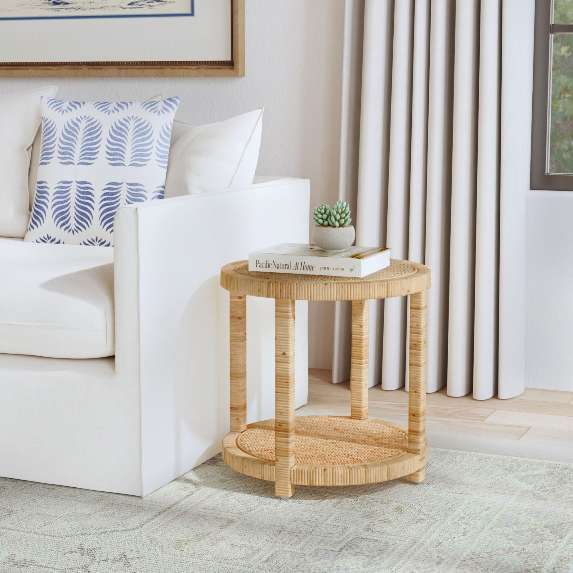 Round Natural Rattan Side Table With Shelf