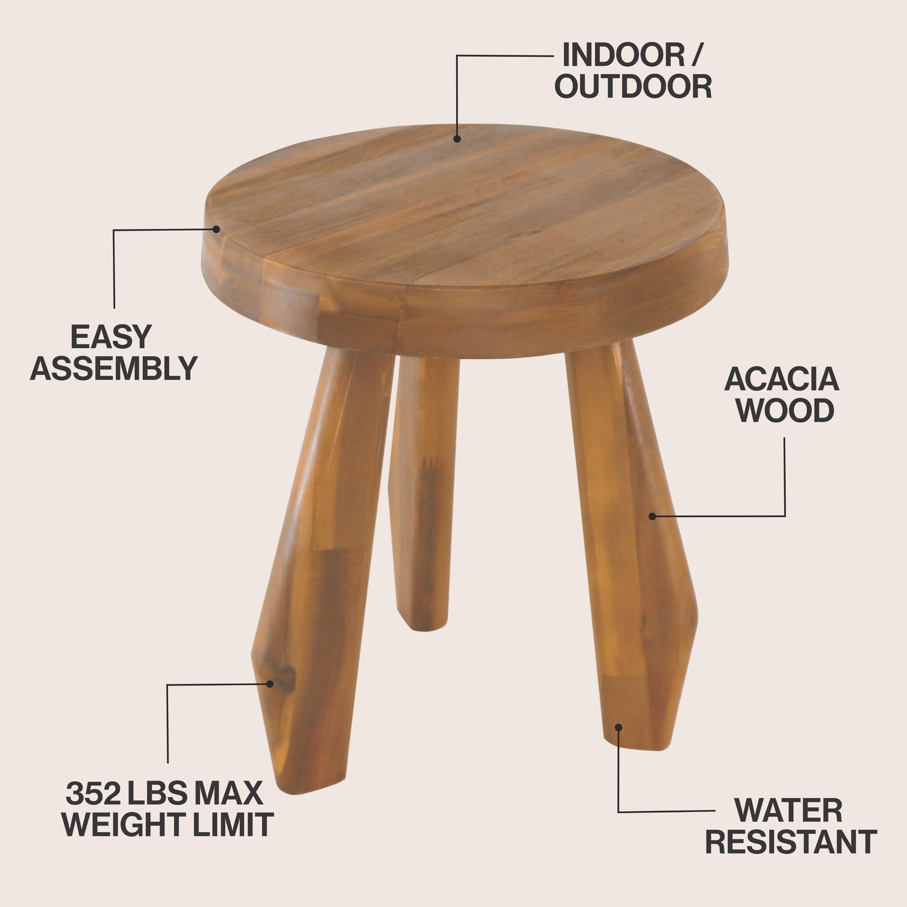 Terra Rustic Coastal Acacia Wood Tripod Round Accent Stool