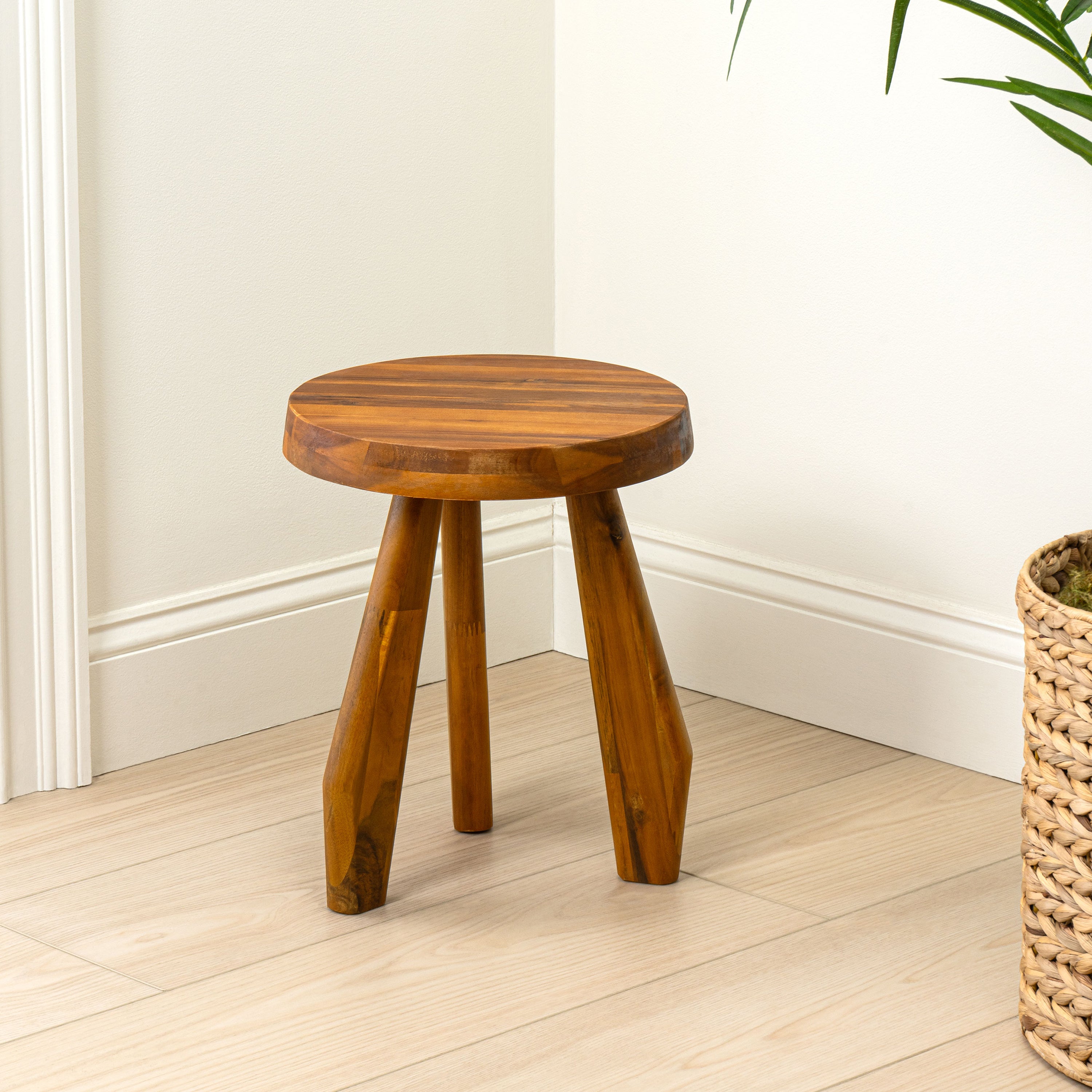 Terra Rustic Coastal Acacia Wood Tripod Round Accent Stool