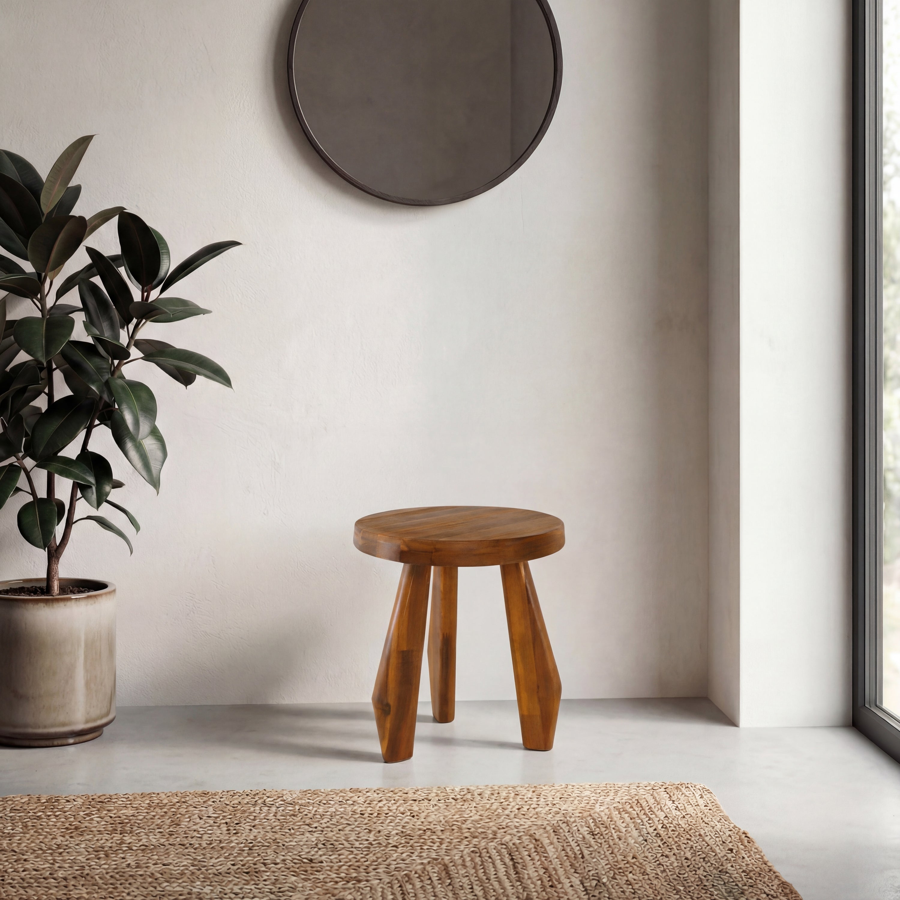 Terra Rustic Coastal Acacia Wood Tripod Round Accent Stool