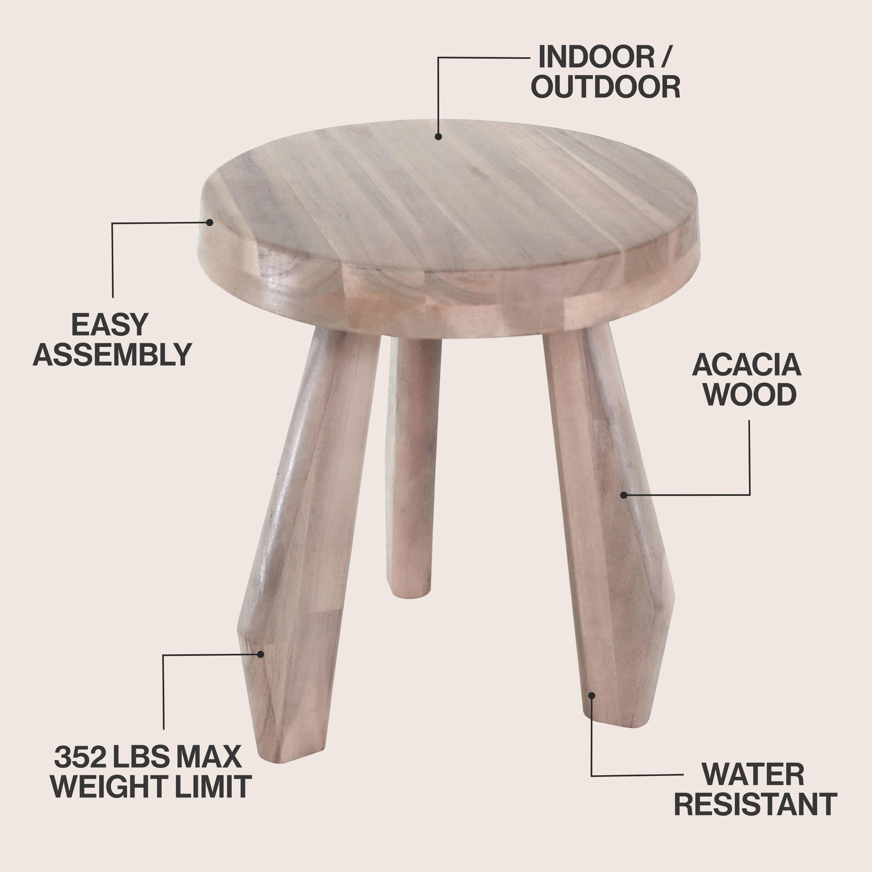 Terra Rustic Coastal Acacia Wood Tripod Round Accent Stool