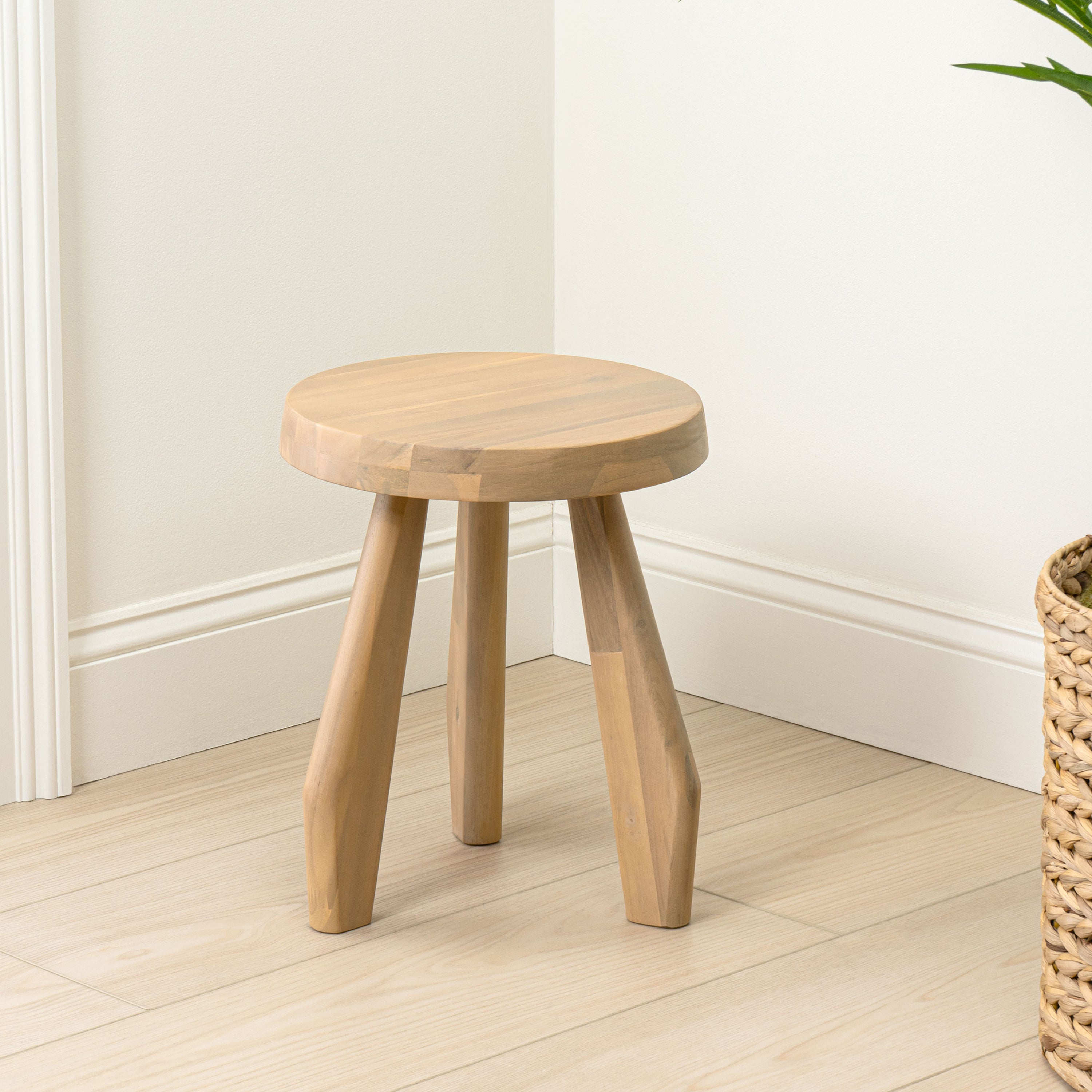 Terra Rustic Coastal Acacia Wood Tripod Round Accent Stool
