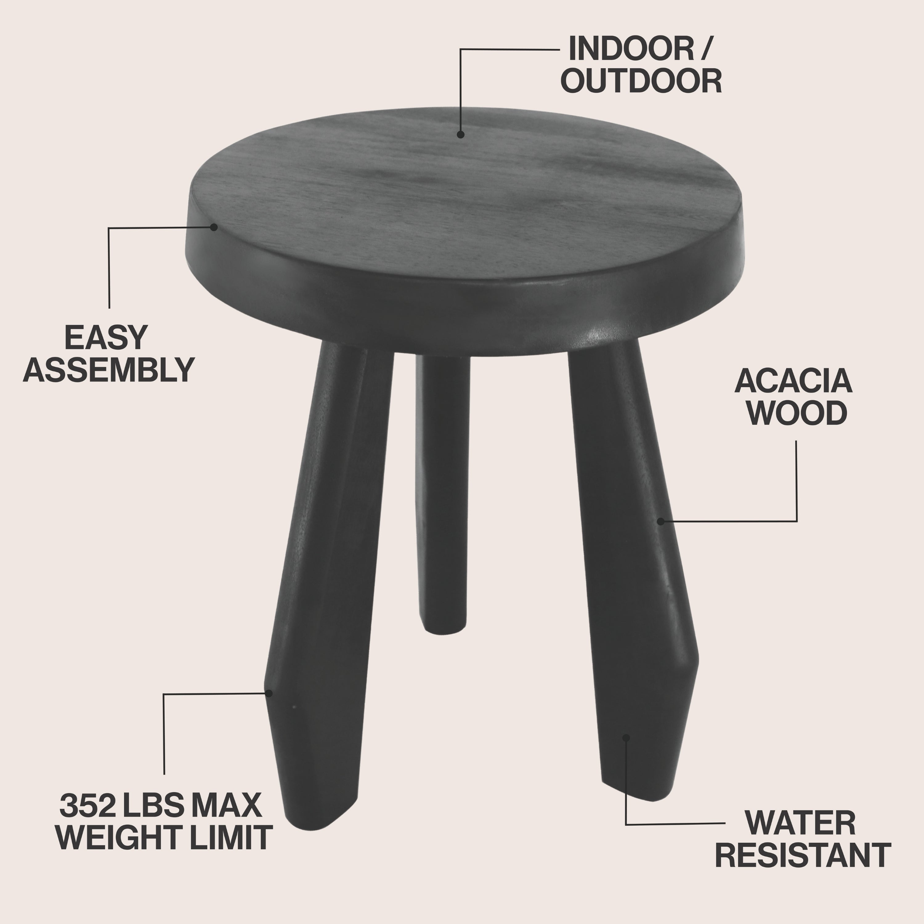 Terra Rustic Coastal Acacia Wood Tripod Round Accent Stool