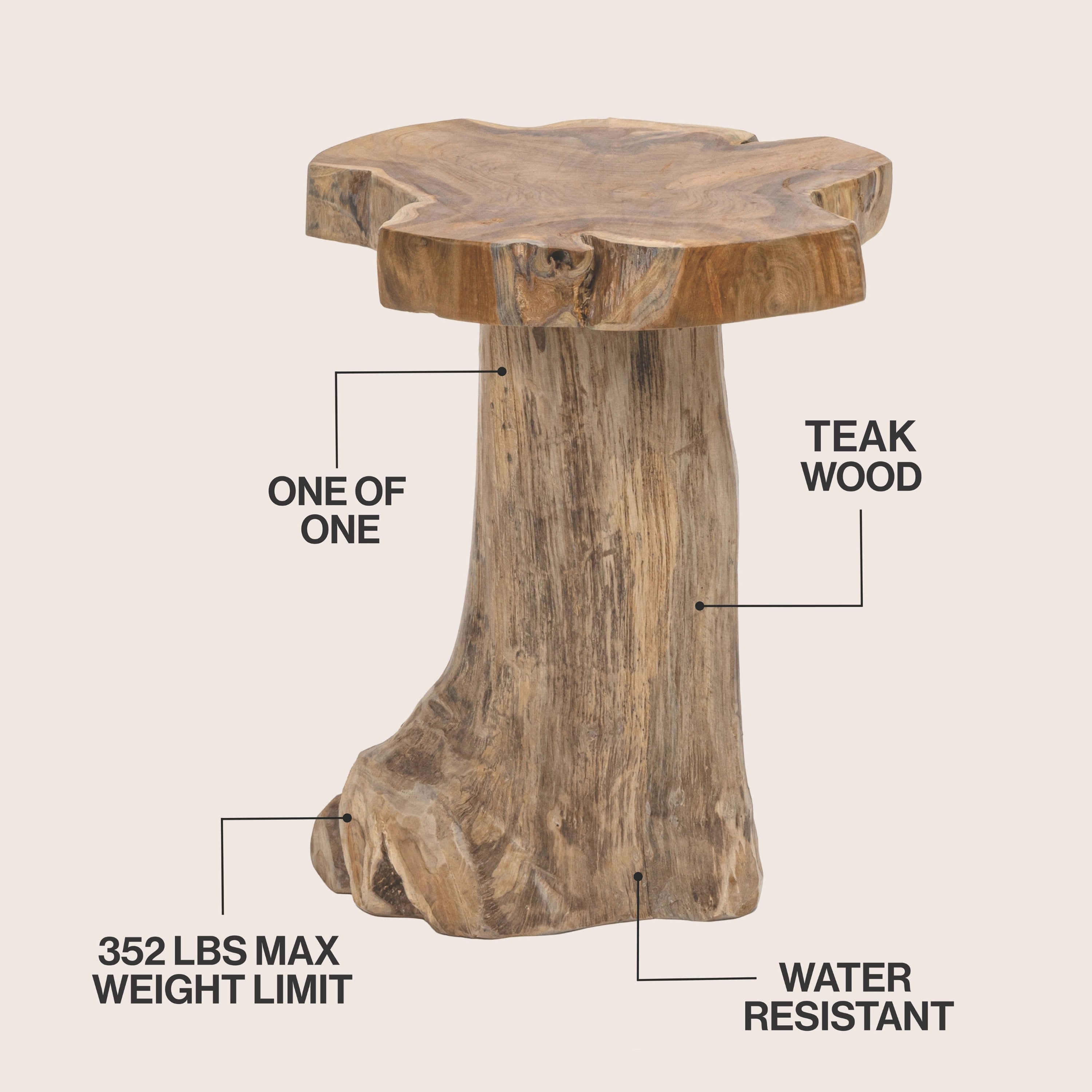 Amara Rustic Modern Handcrafted Live Edge Solid Teak Wood Stump Stool