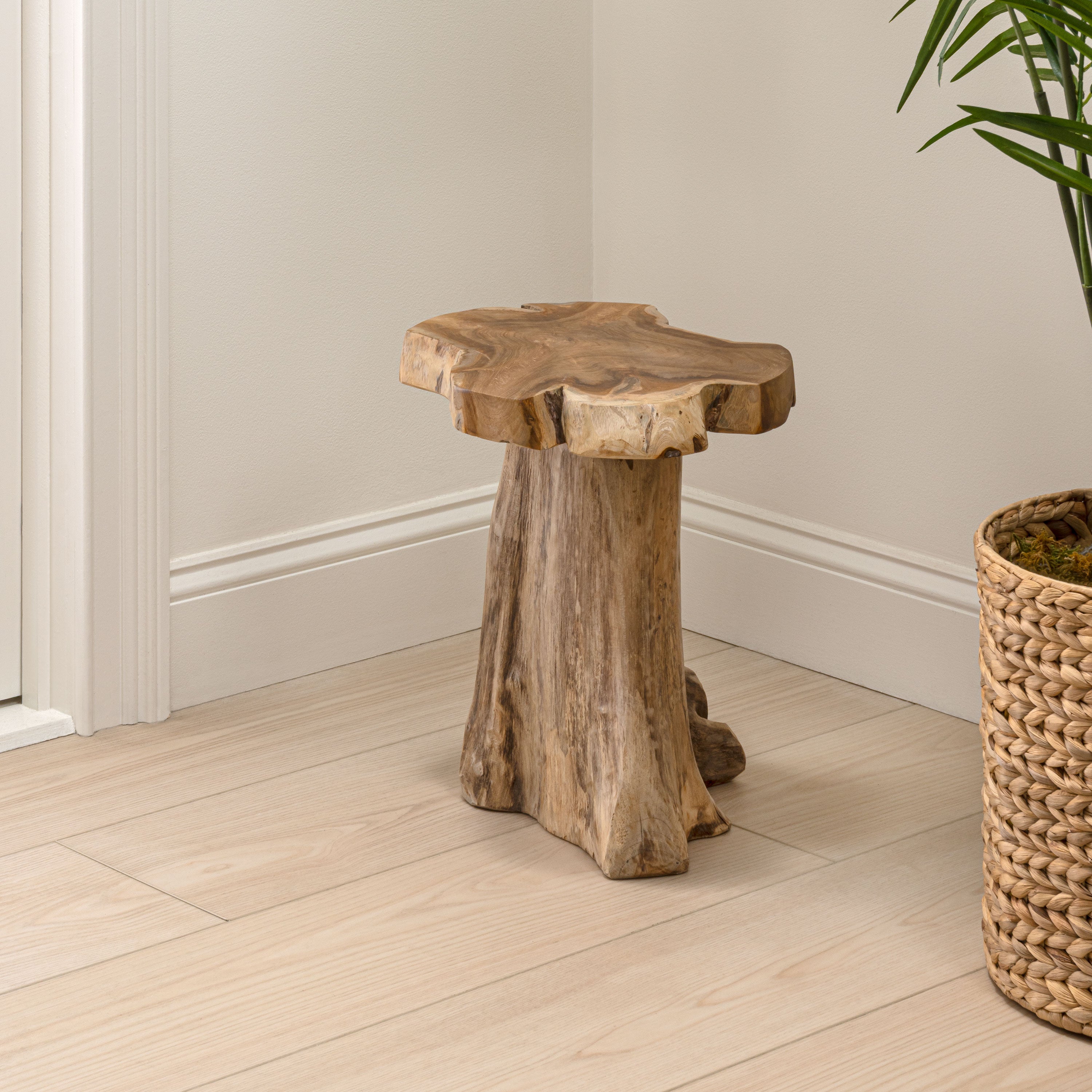 Amara Rustic Modern Handcrafted Live Edge Solid Teak Wood Stump Stool