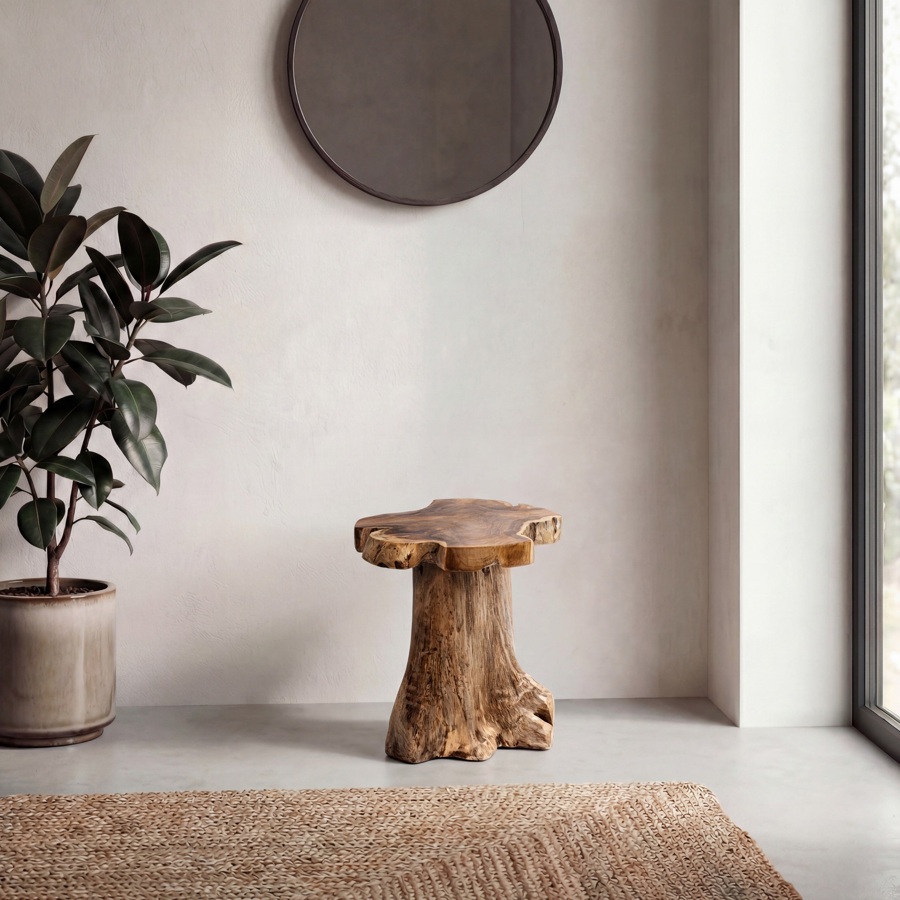 Amara Rustic Modern Handcrafted Live Edge Solid Teak Wood Stump Stool