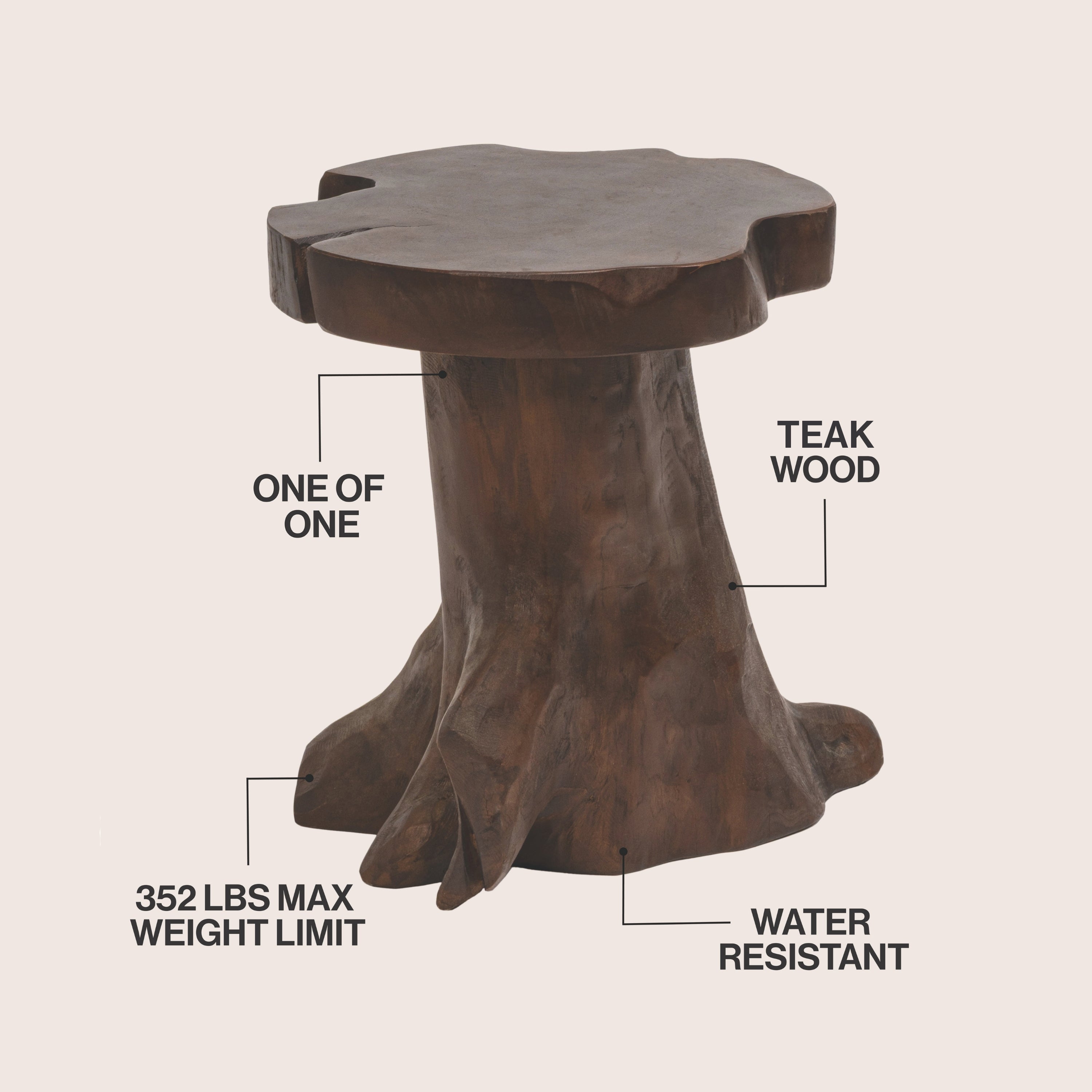 Amara Rustic Modern Handcrafted Live Edge Solid Teak Wood Stump Stool