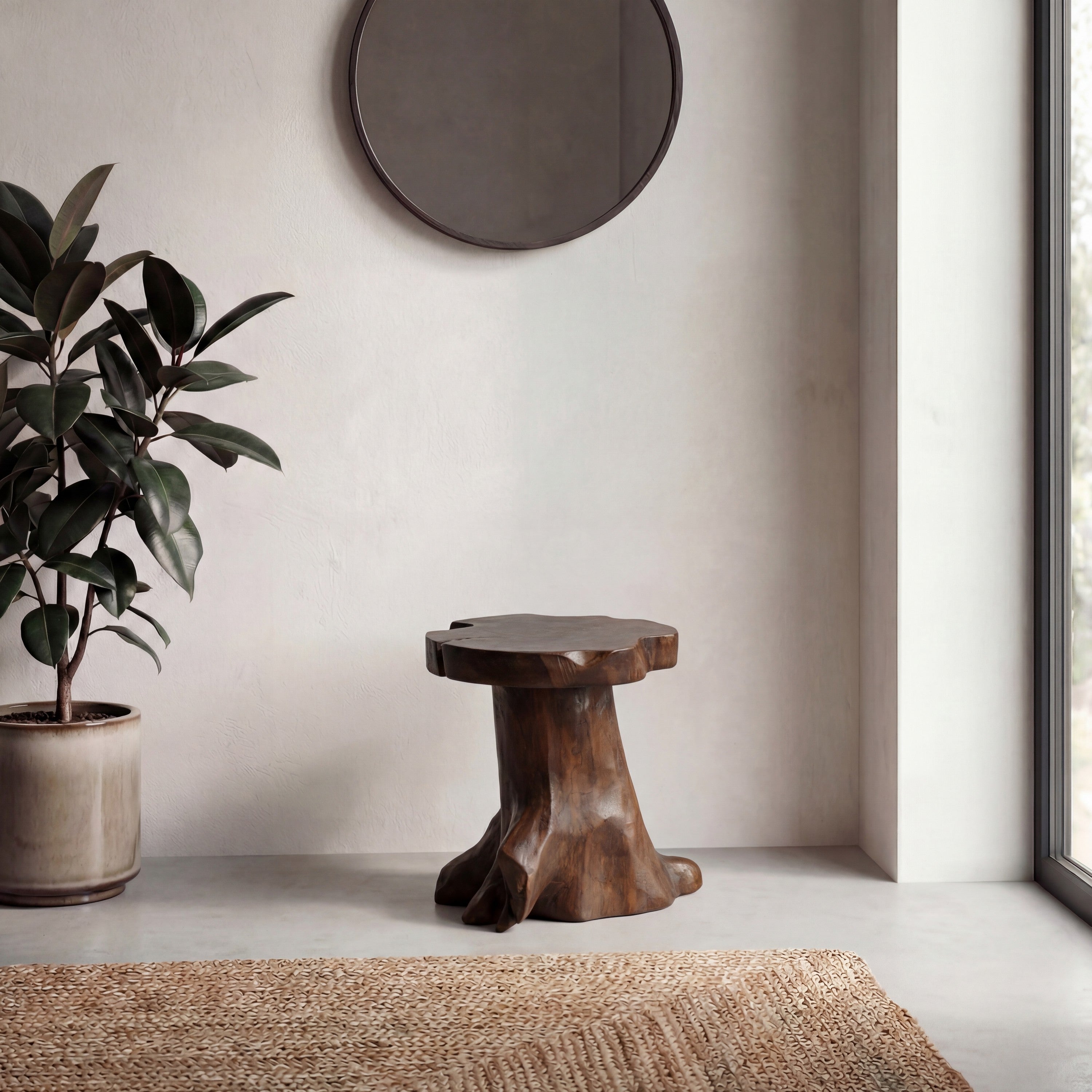 Amara Rustic Modern Handcrafted Live Edge Solid Teak Wood Stump Stool