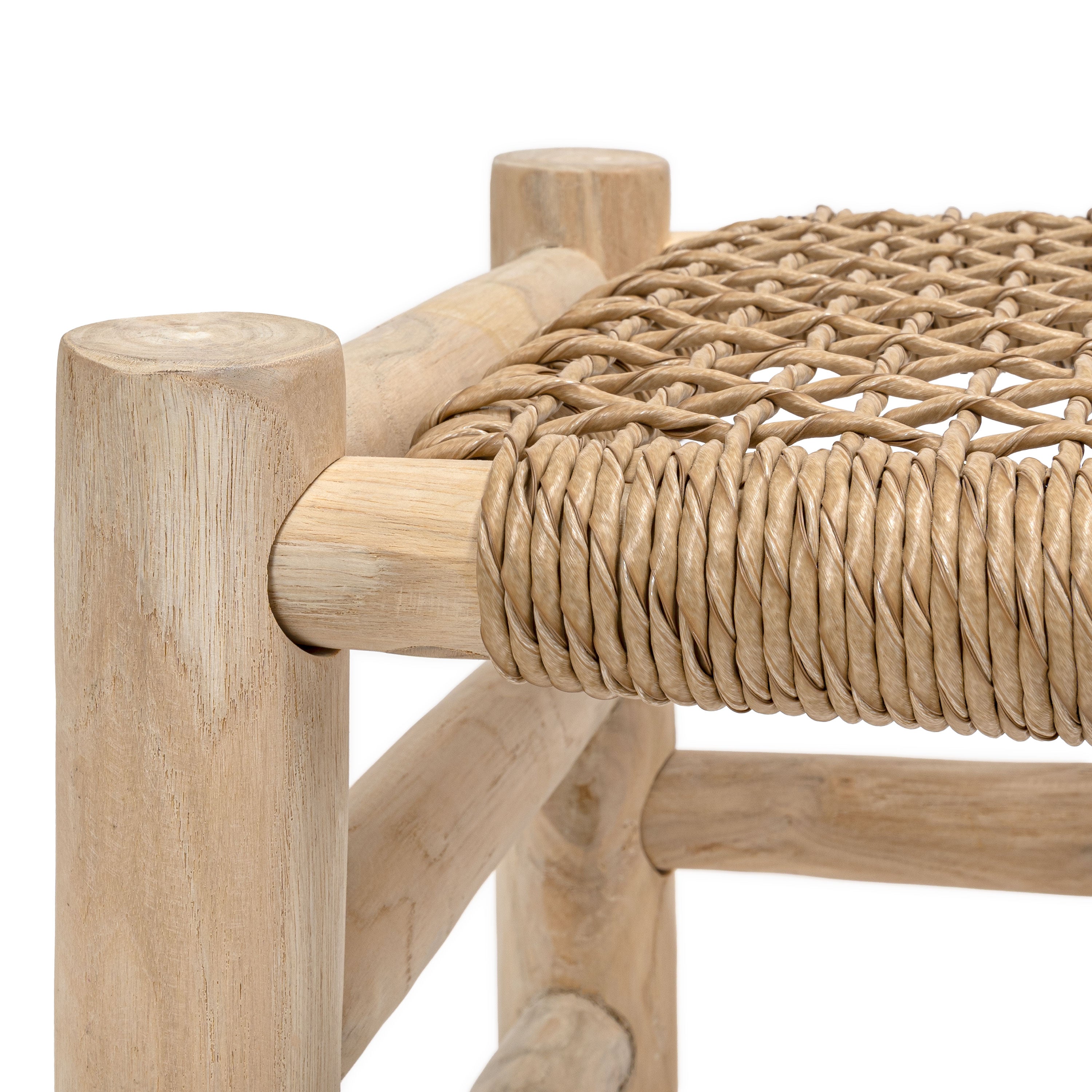Chuck Coastal Bohemian Handcrafted Indoor/Outdoor Teak Wood Accent Stool with Woven Seat