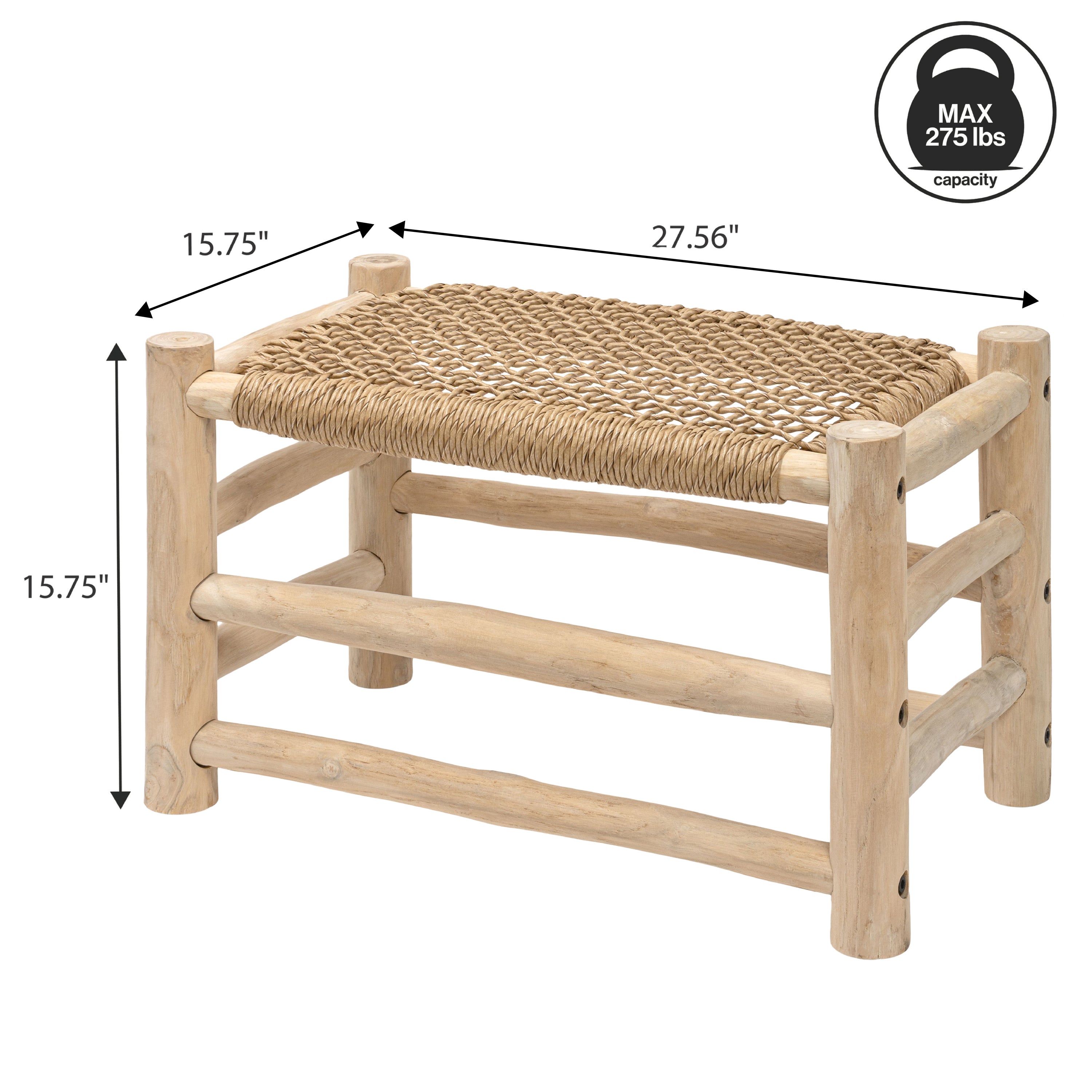 Chuck Coastal Bohemian Handcrafted Indoor/Outdoor Teak Wood Accent Stool with Woven Seat