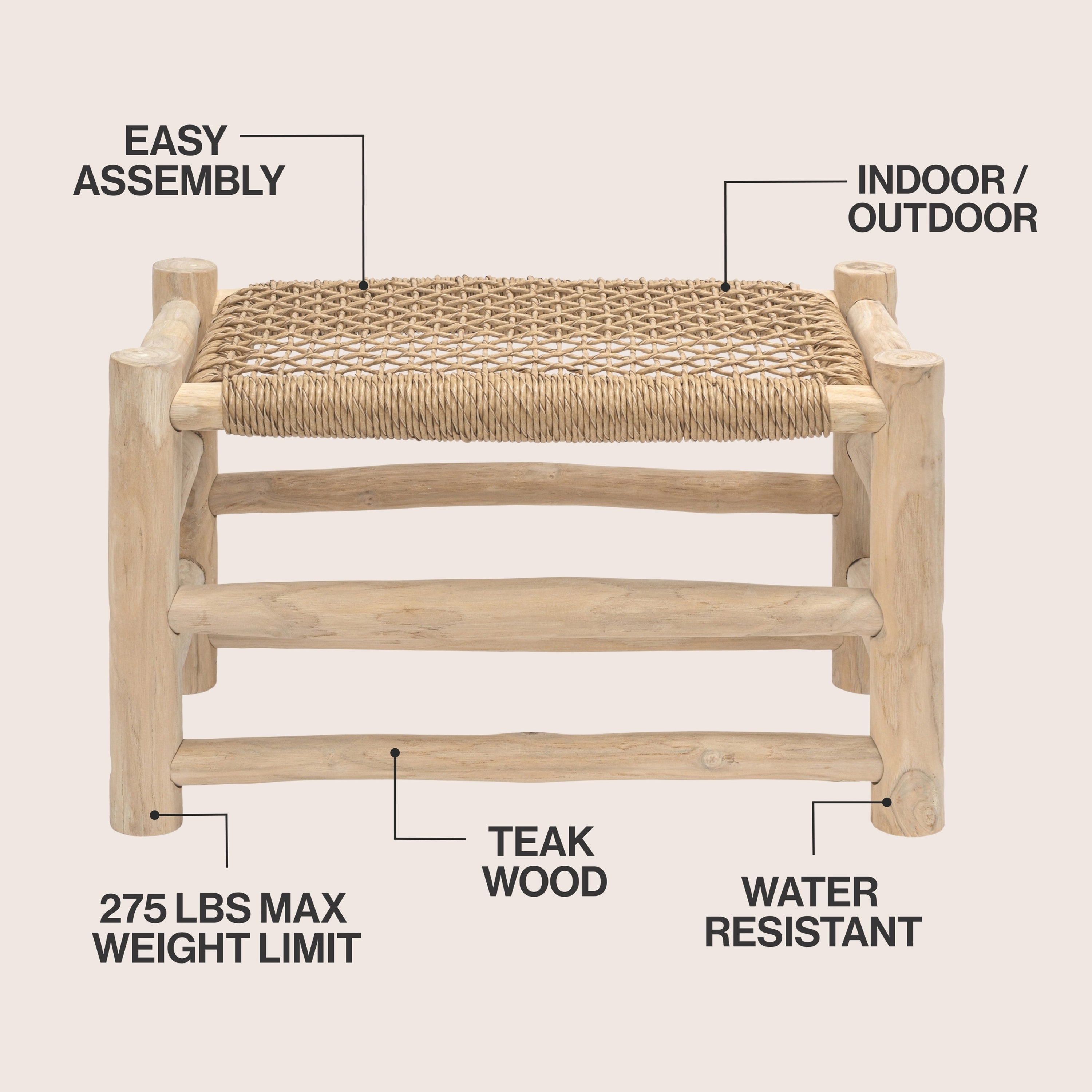Chuck Coastal Bohemian Handcrafted Indoor/Outdoor Teak Wood Accent Stool with Woven Seat