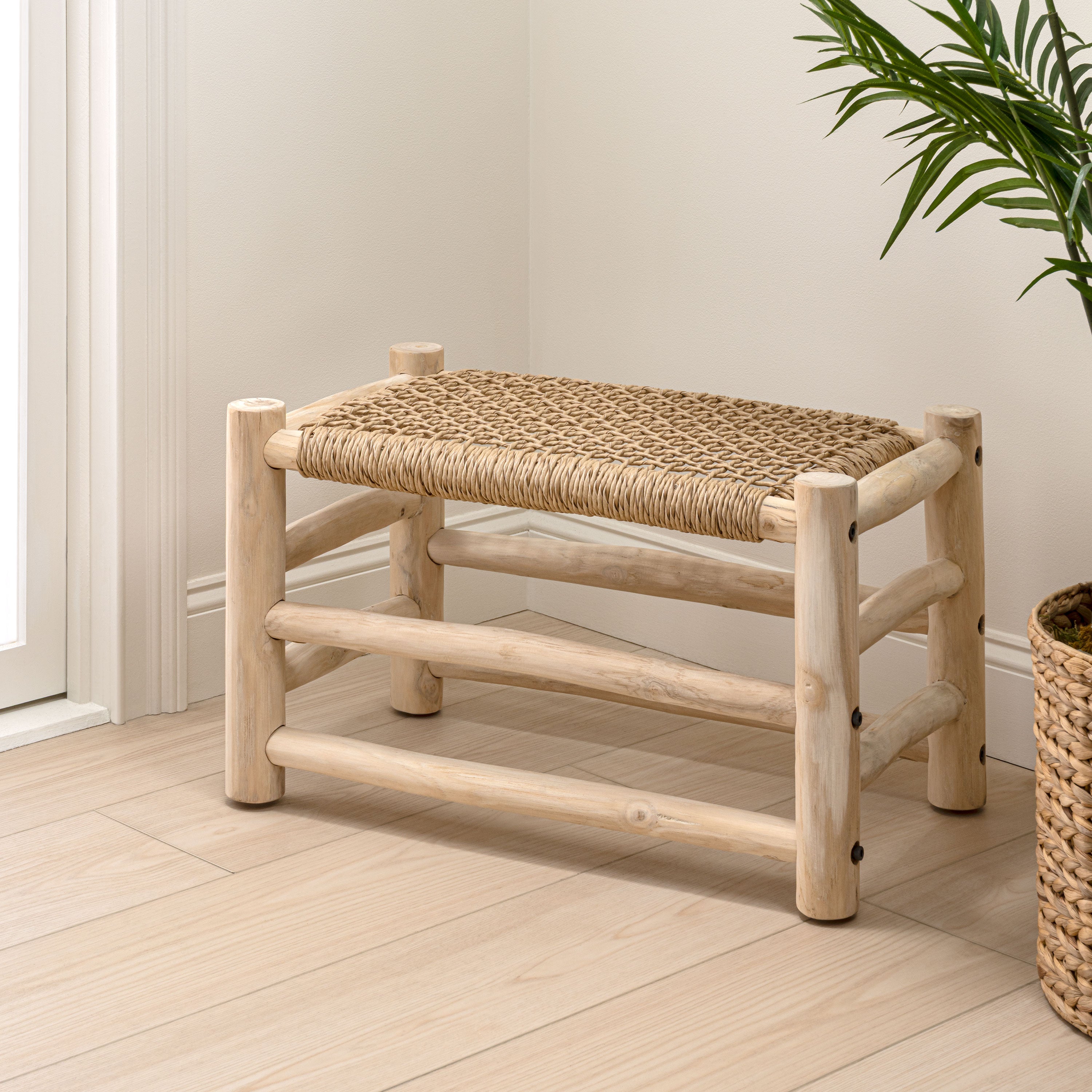 Chuck Coastal Bohemian Handcrafted Indoor/Outdoor Teak Wood Accent Stool with Woven Seat