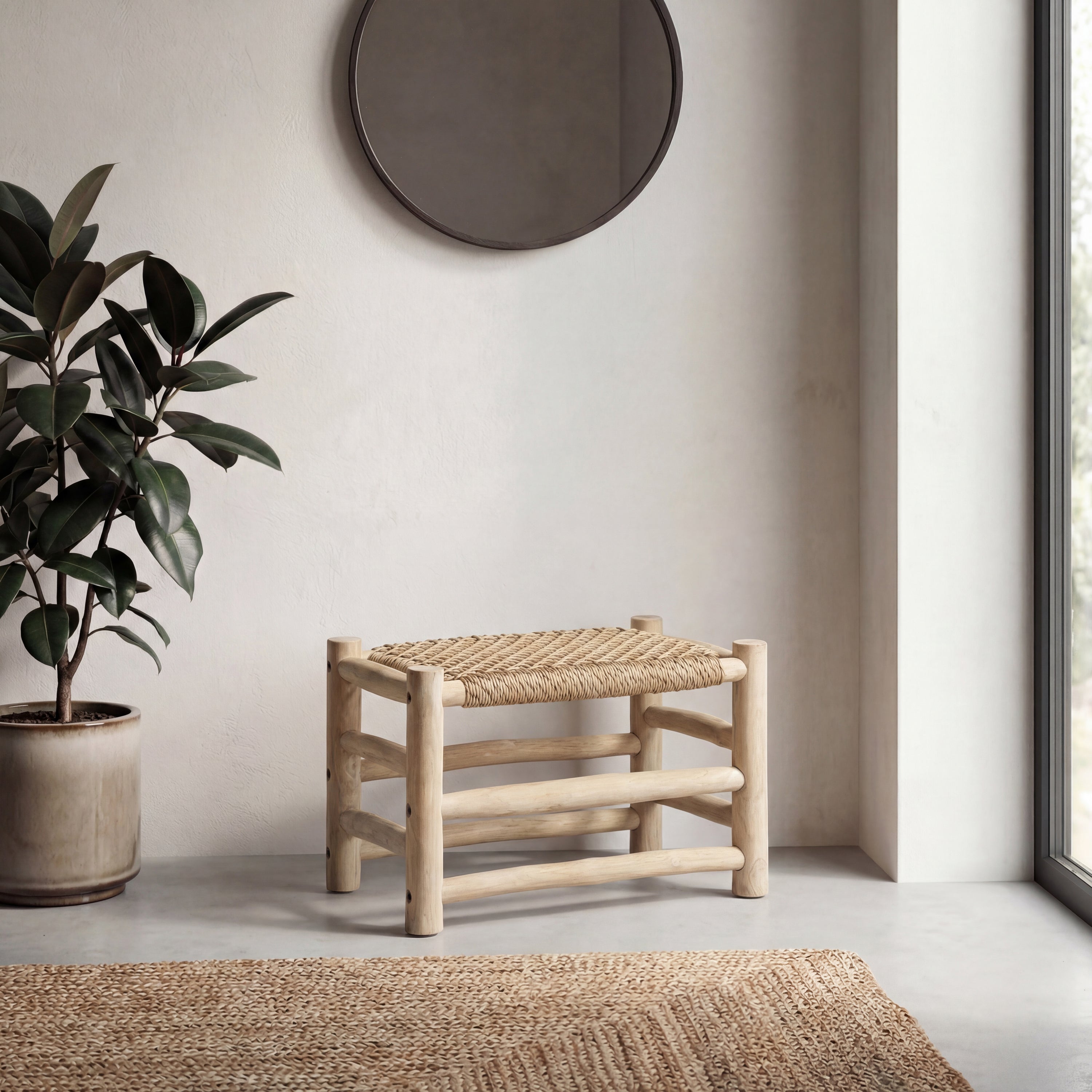 Chuck Coastal Bohemian Handcrafted Indoor/Outdoor Teak Wood Accent Stool with Woven Seat