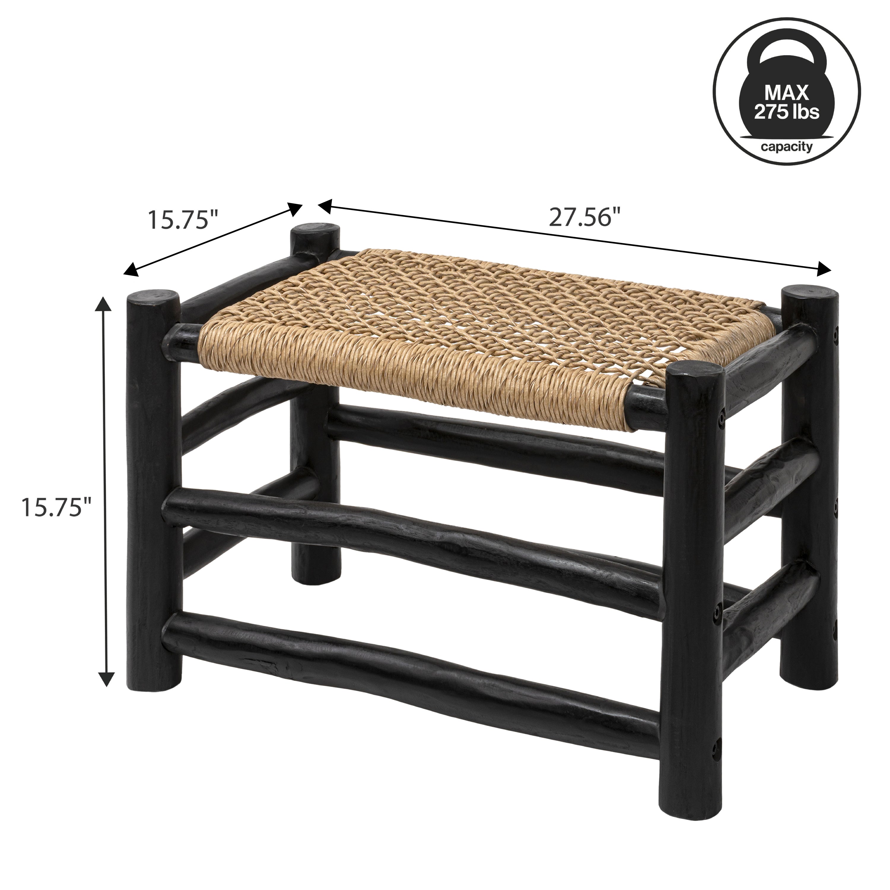 Chuck Coastal Bohemian Handcrafted Indoor/Outdoor Teak Wood Accent Stool with Woven Seat