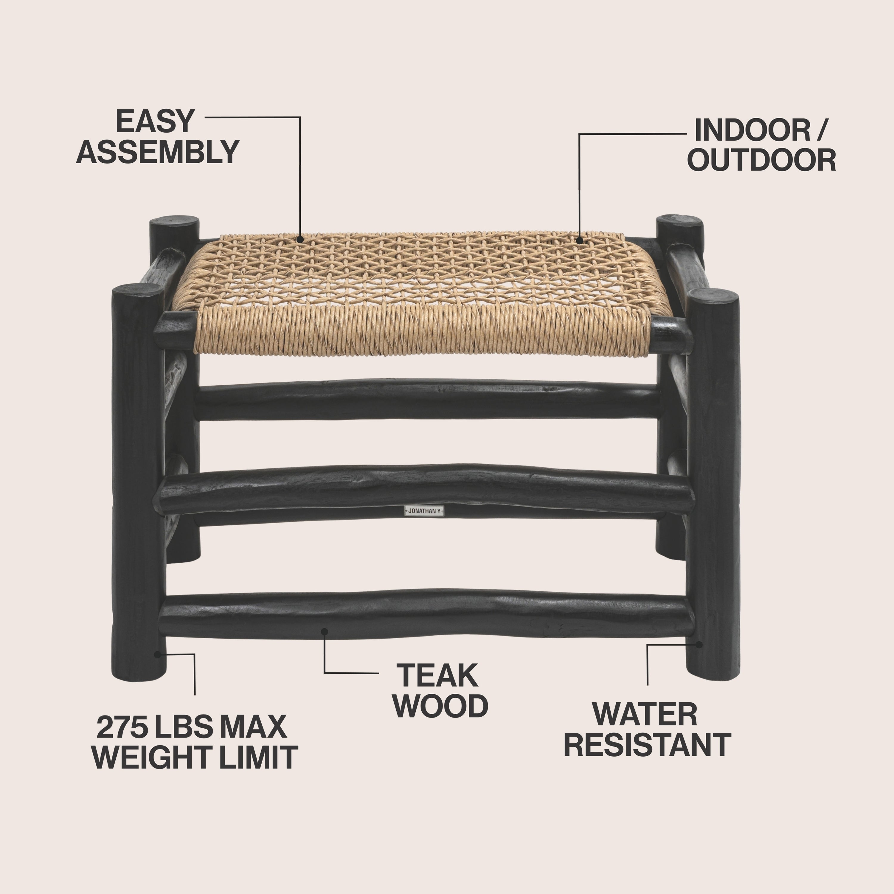 Chuck Coastal Bohemian Handcrafted Indoor/Outdoor Teak Wood Accent Stool with Woven Seat