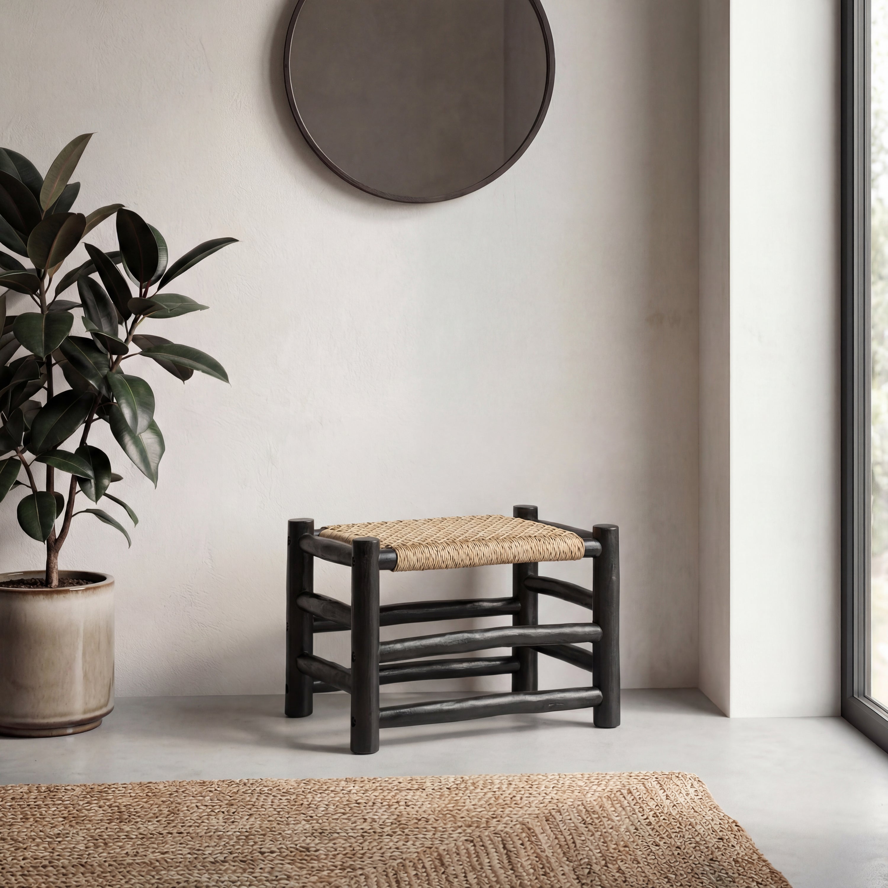 Chuck Coastal Bohemian Handcrafted Indoor/Outdoor Teak Wood Accent Stool with Woven Seat