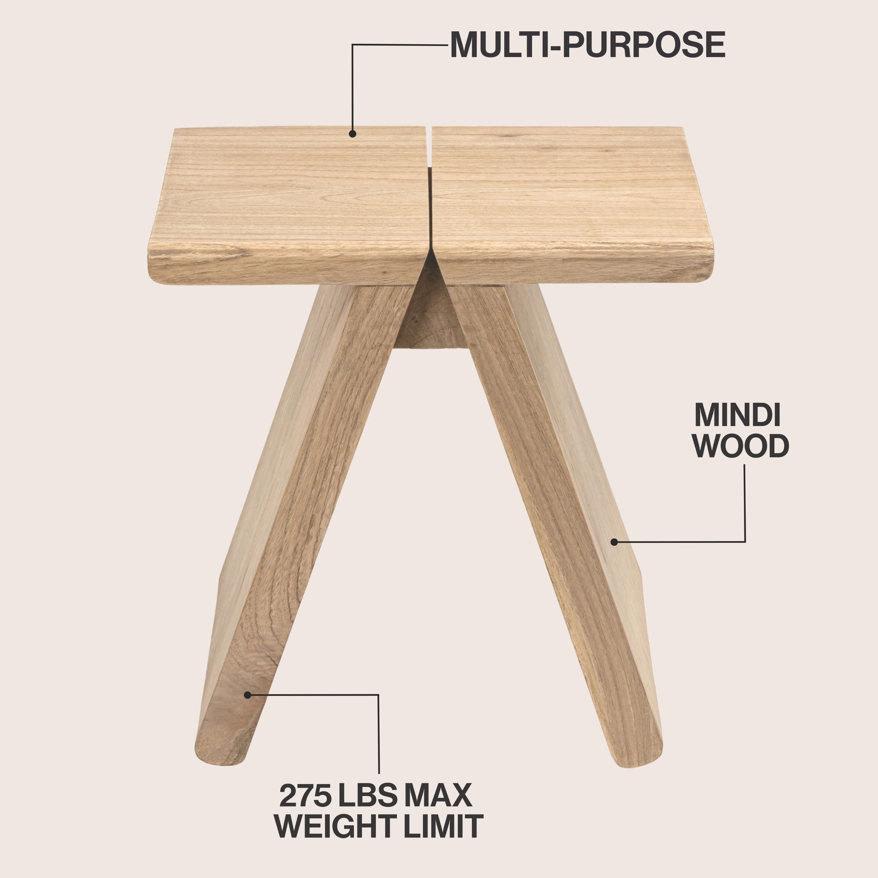 Jack Rustic Scandinavian Handcrafted Solid Mindi Wood Sculptural Base Accent Stool