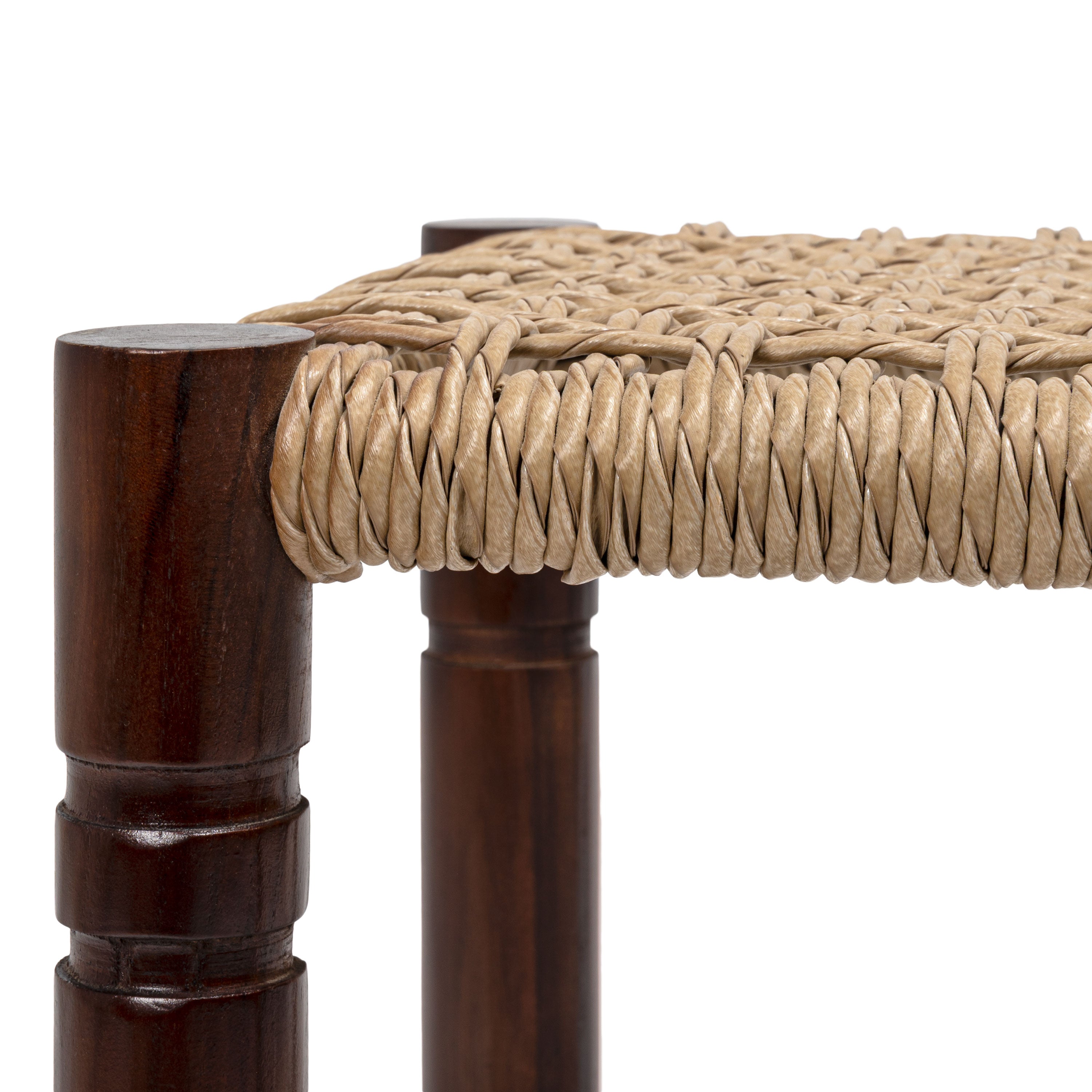 Columnar Casual Bohemian Handcrafted Teak Wood Backless Bar Stool with Synthetic Woven Rattan Seat