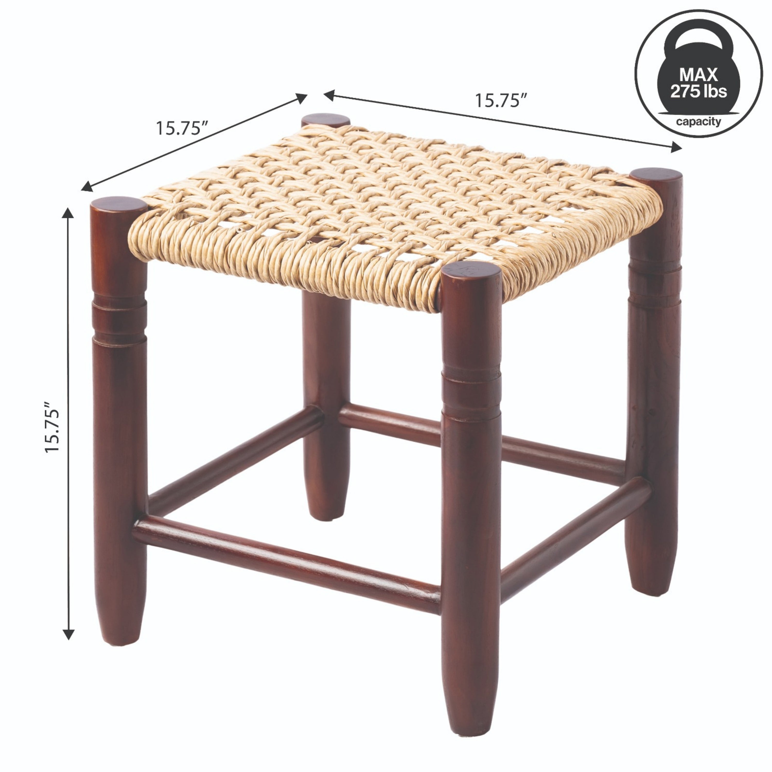 Columnar Casual Bohemian Handcrafted Teak Wood Backless Bar Stool with Synthetic Woven Rattan Seat
