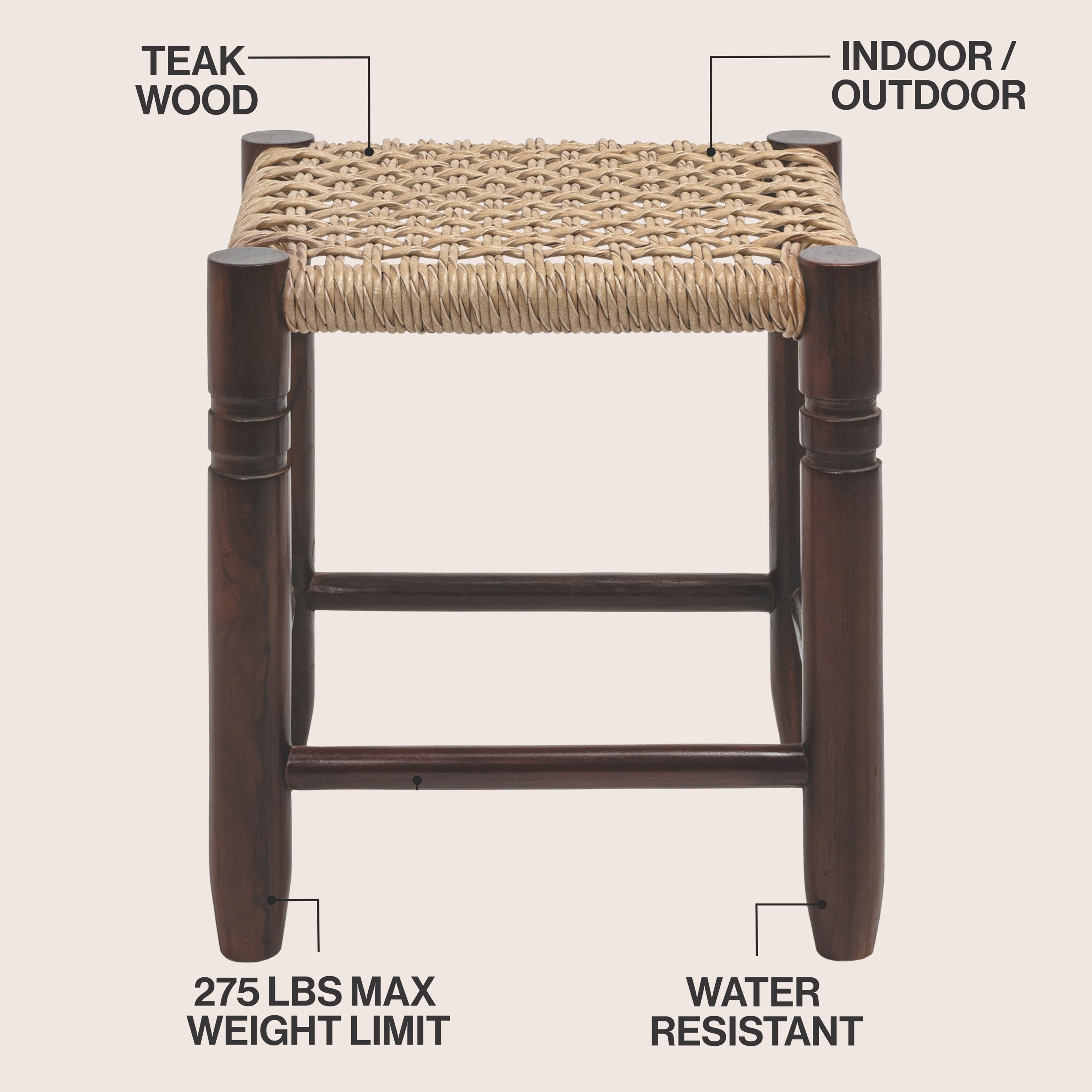 Columnar Casual Bohemian Handcrafted Teak Wood Backless Bar Stool with Synthetic Woven Rattan Seat