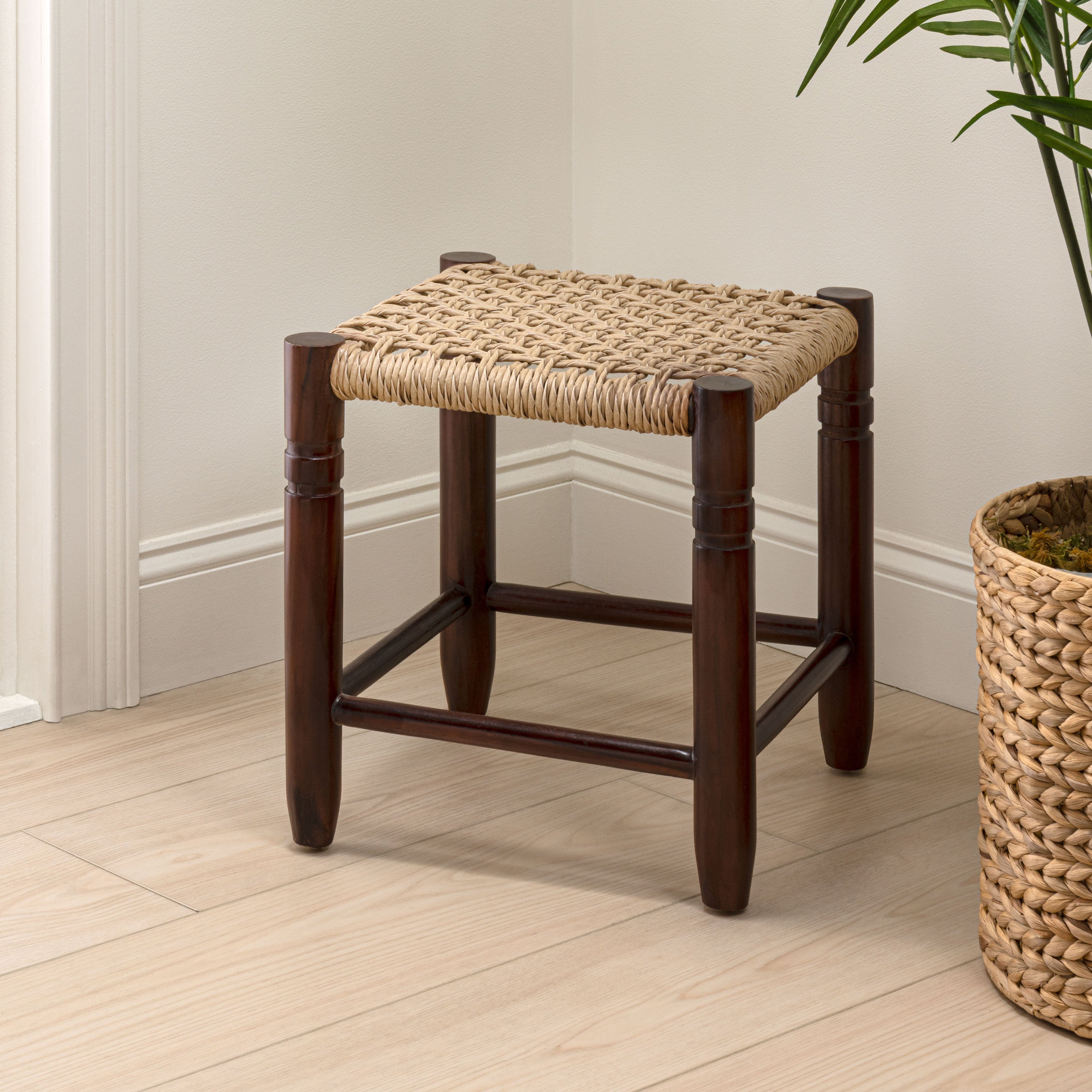Columnar Casual Bohemian Handcrafted Teak Wood Backless Bar Stool with Synthetic Woven Rattan Seat