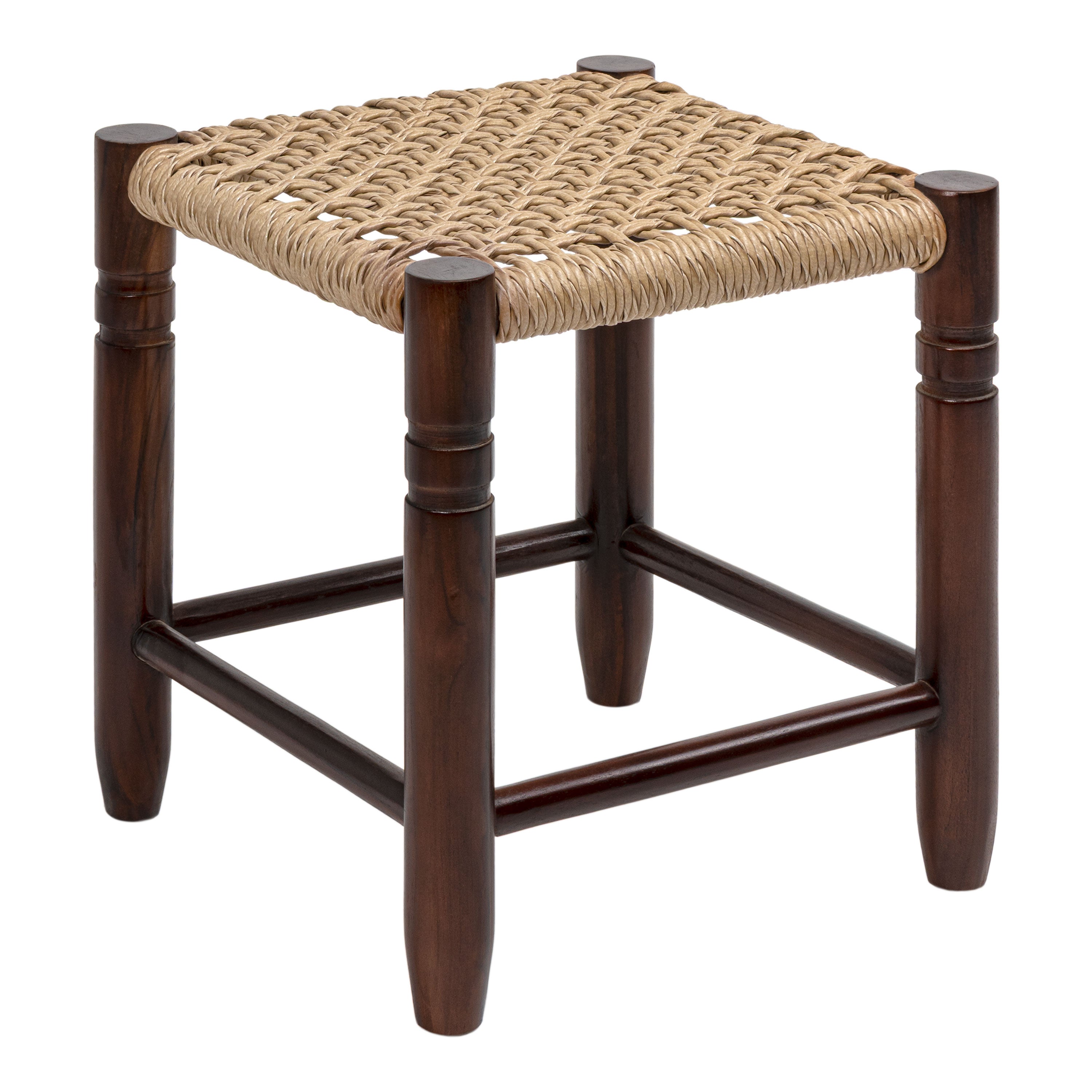 Columnar Casual Bohemian Handcrafted Teak Wood Backless Bar Stool with Synthetic Woven Rattan Seat