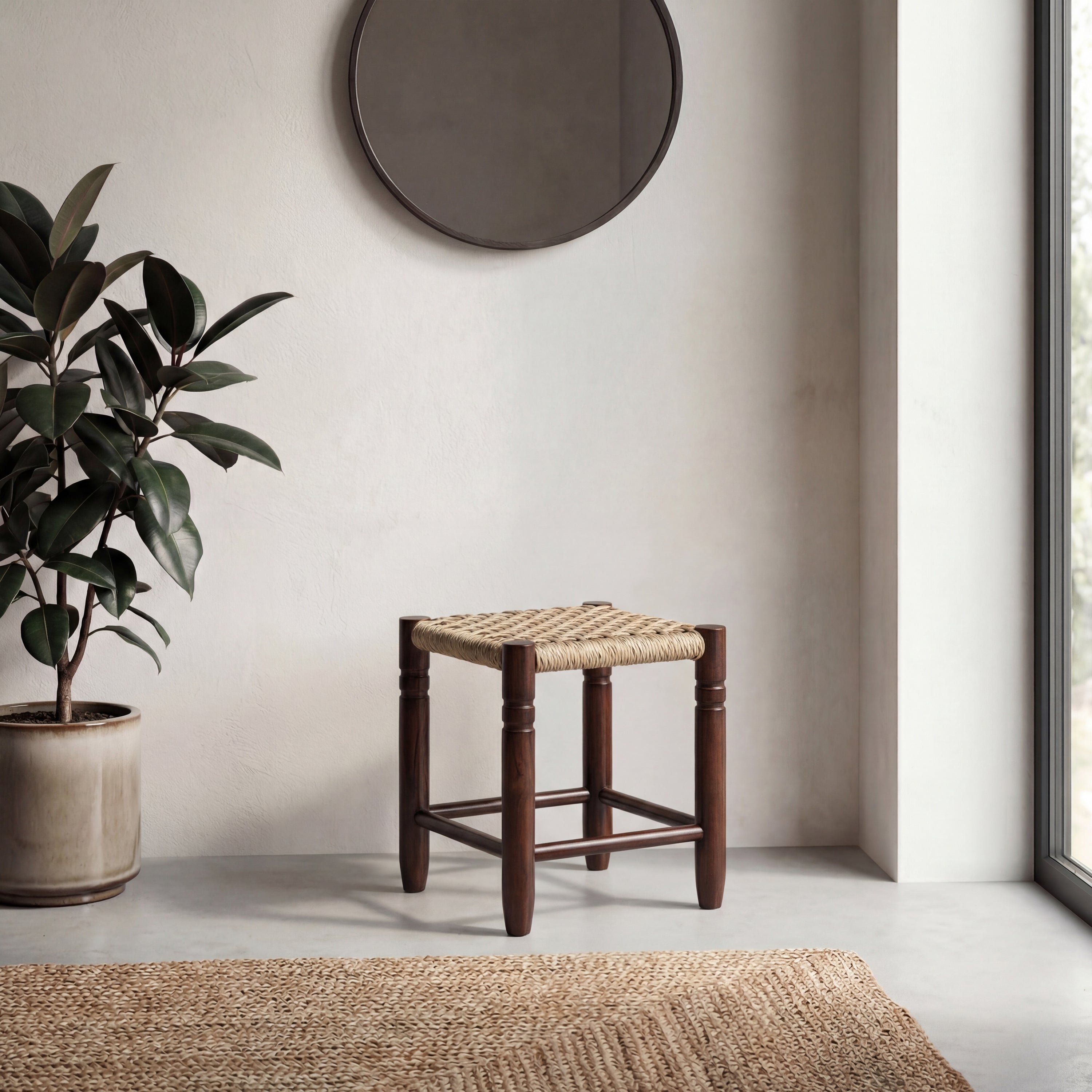 Columnar Casual Bohemian Handcrafted Teak Wood Backless Bar Stool with Synthetic Woven Rattan Seat