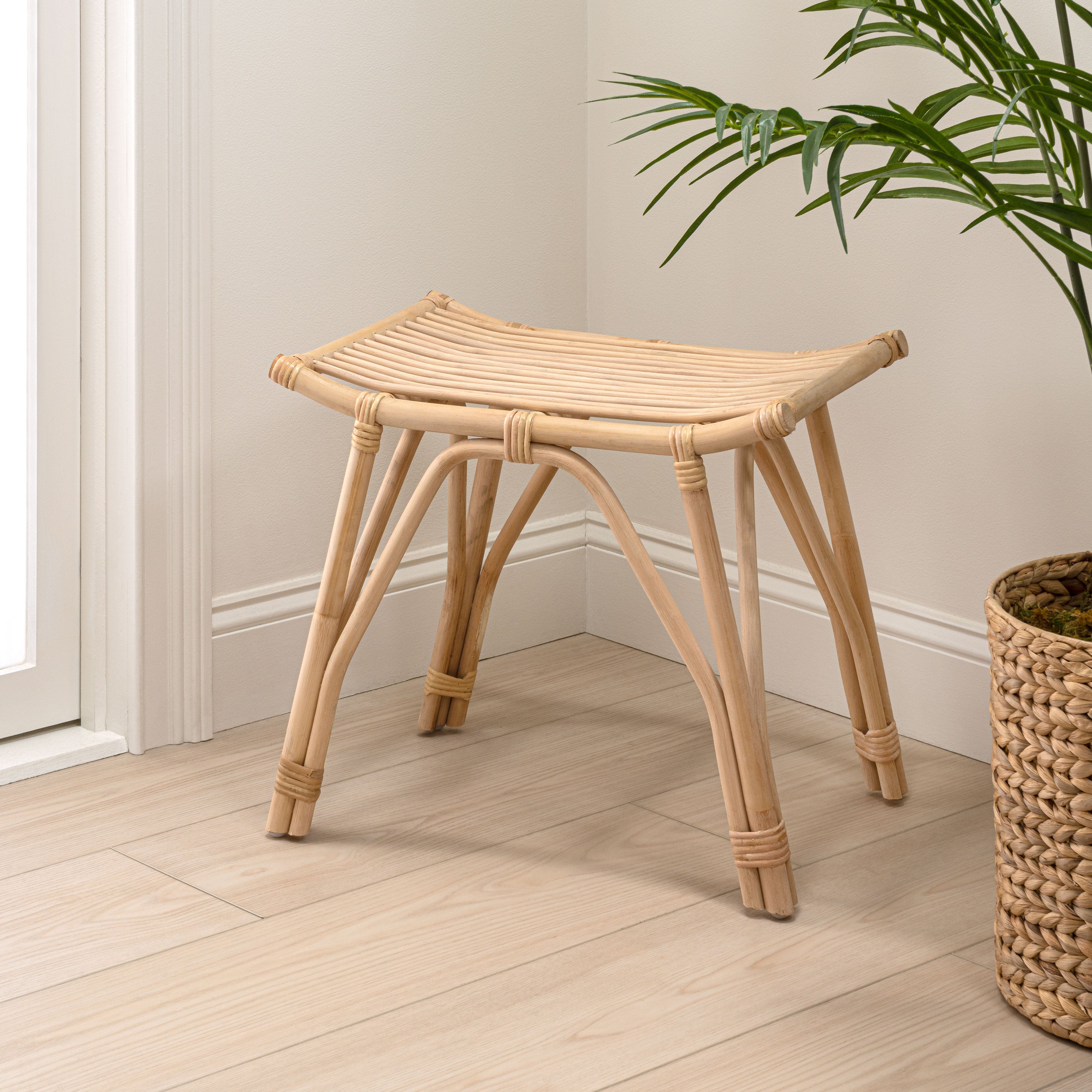 Gabriel Modern Bohemian Handcrafted Rattan/Teak Wood Curved Seat Accent Stool