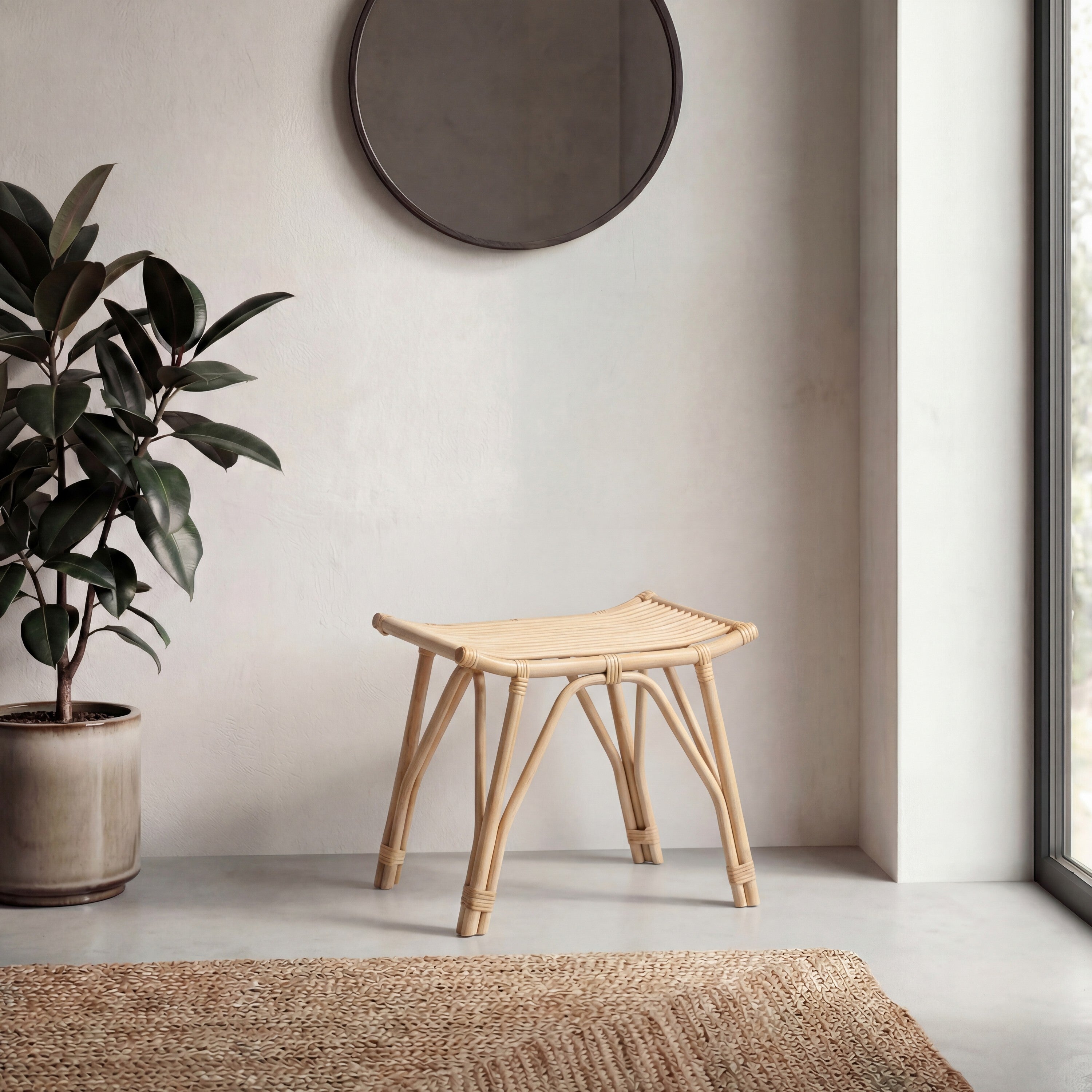 Gabriel Modern Bohemian Handcrafted Rattan/Teak Wood Curved Seat Accent Stool